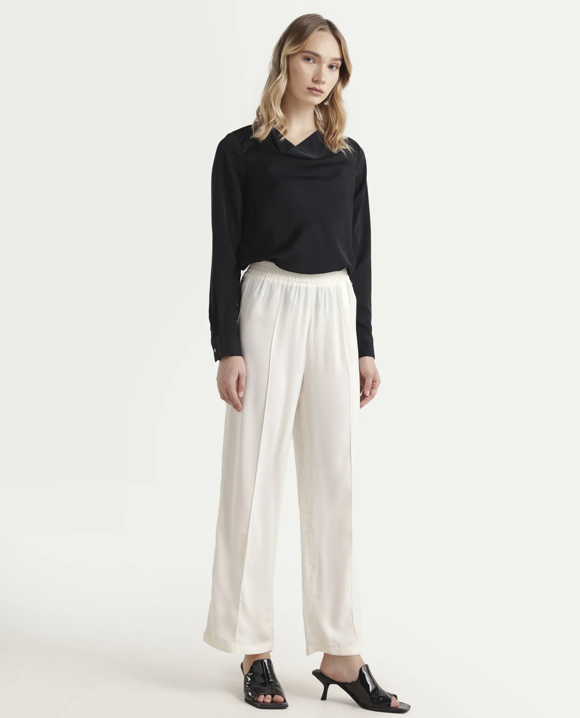 Rareism Women's Haz Light Off White Polyester Plain Ankle Length Wide Trouser - Image 6