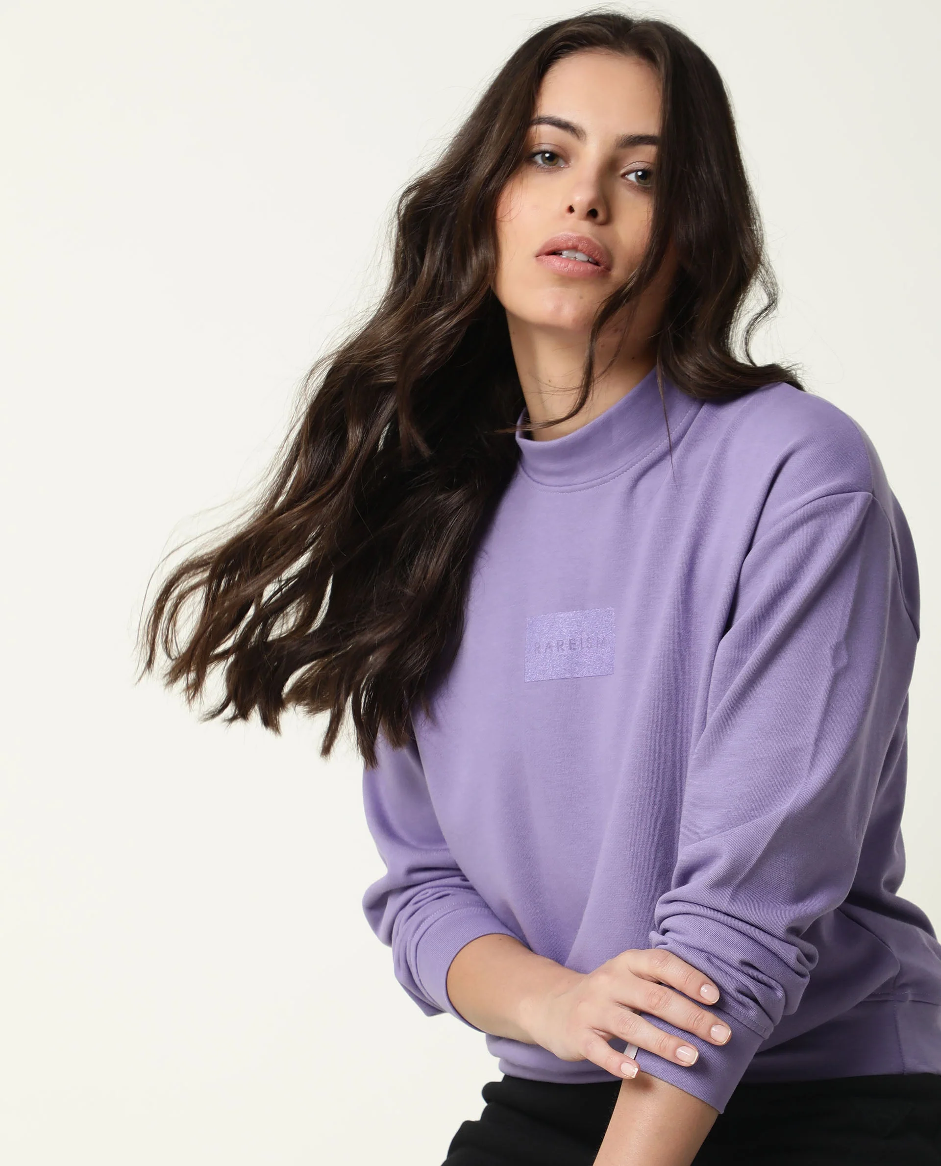 Rareism Women's Hectare Lilac Cotton Blend High Neck Plain Relaxed Fit Sweatshirt