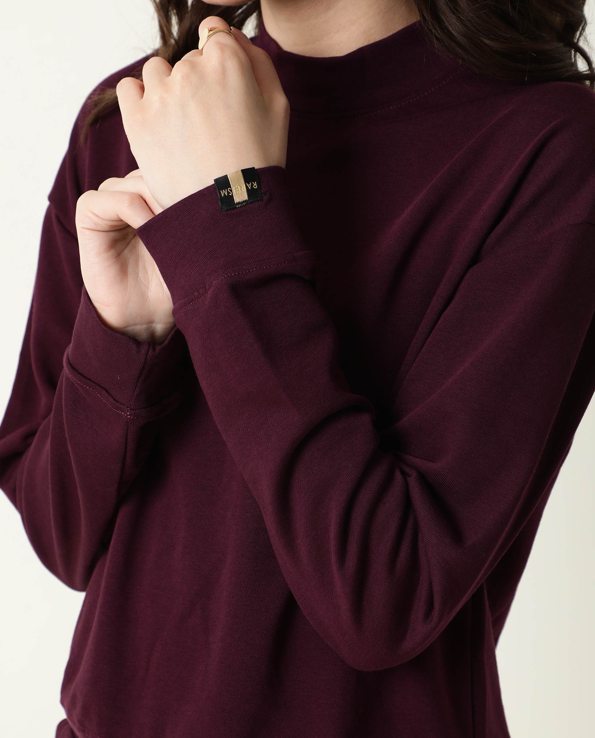 Rareism Women's Hectare Prune Cotton Blend High Neck Plain Relaxed Fit Sweatshirt - Image 3