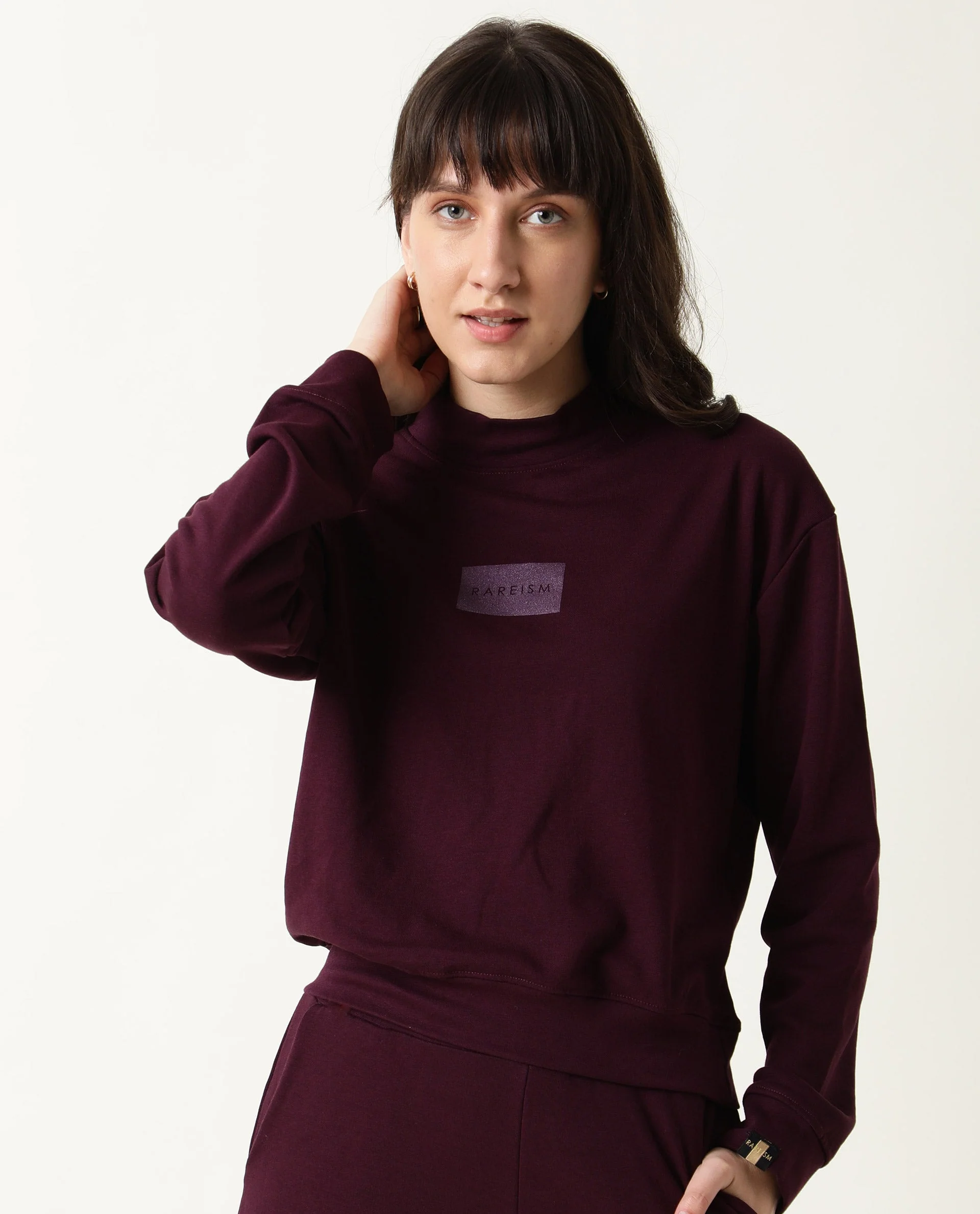 Rareism Women's Hectare Prune Cotton Blend High Neck Plain Relaxed Fit Sweatshirt - Image 5