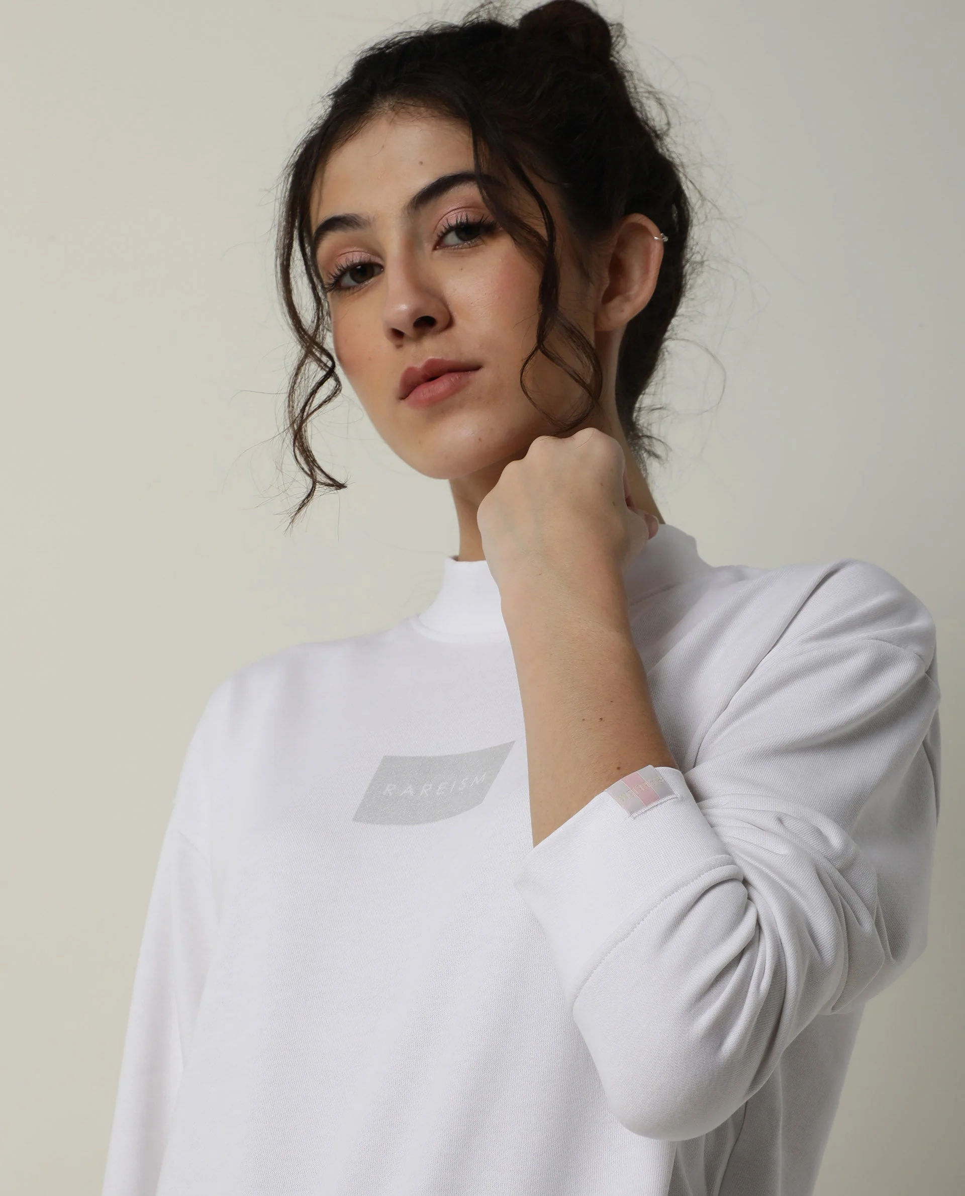 Rareism Women's Hectare White Cotton Blend High Neck Plain Relaxed Fit Sweatshirt - Image 10