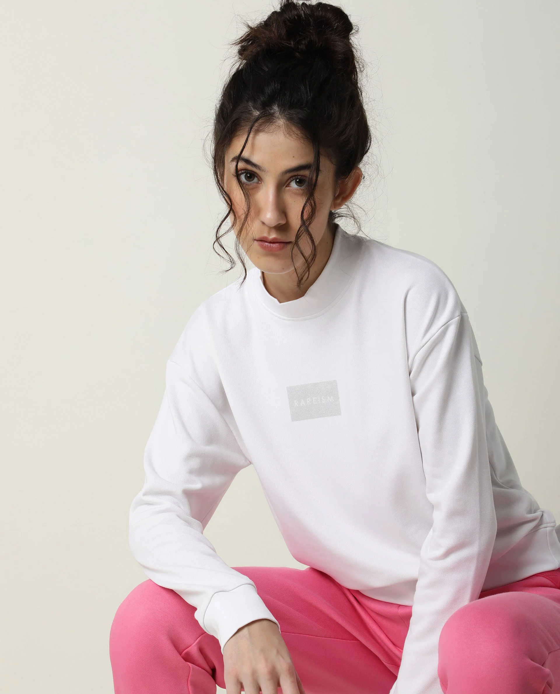 Rareism Women's Hectare White Cotton Blend High Neck Plain Relaxed Fit Sweatshirt - Image 11