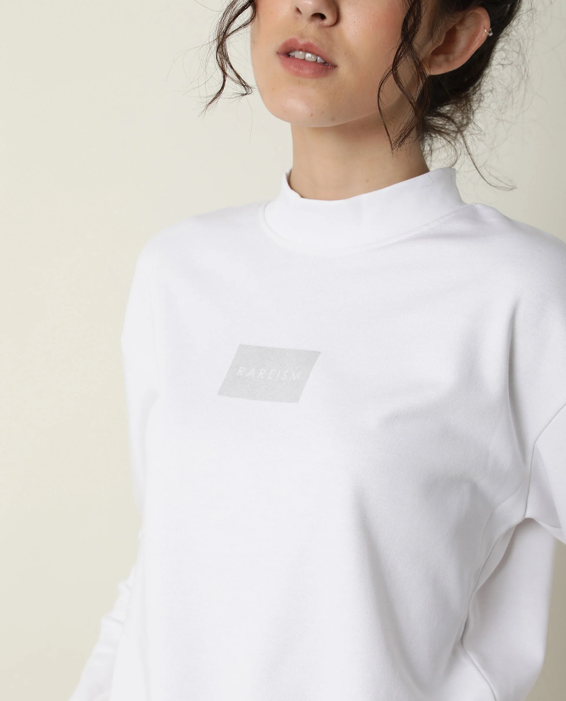 Rareism Women's Hectare White Cotton Blend High Neck Plain Relaxed Fit Sweatshirt - Image 3