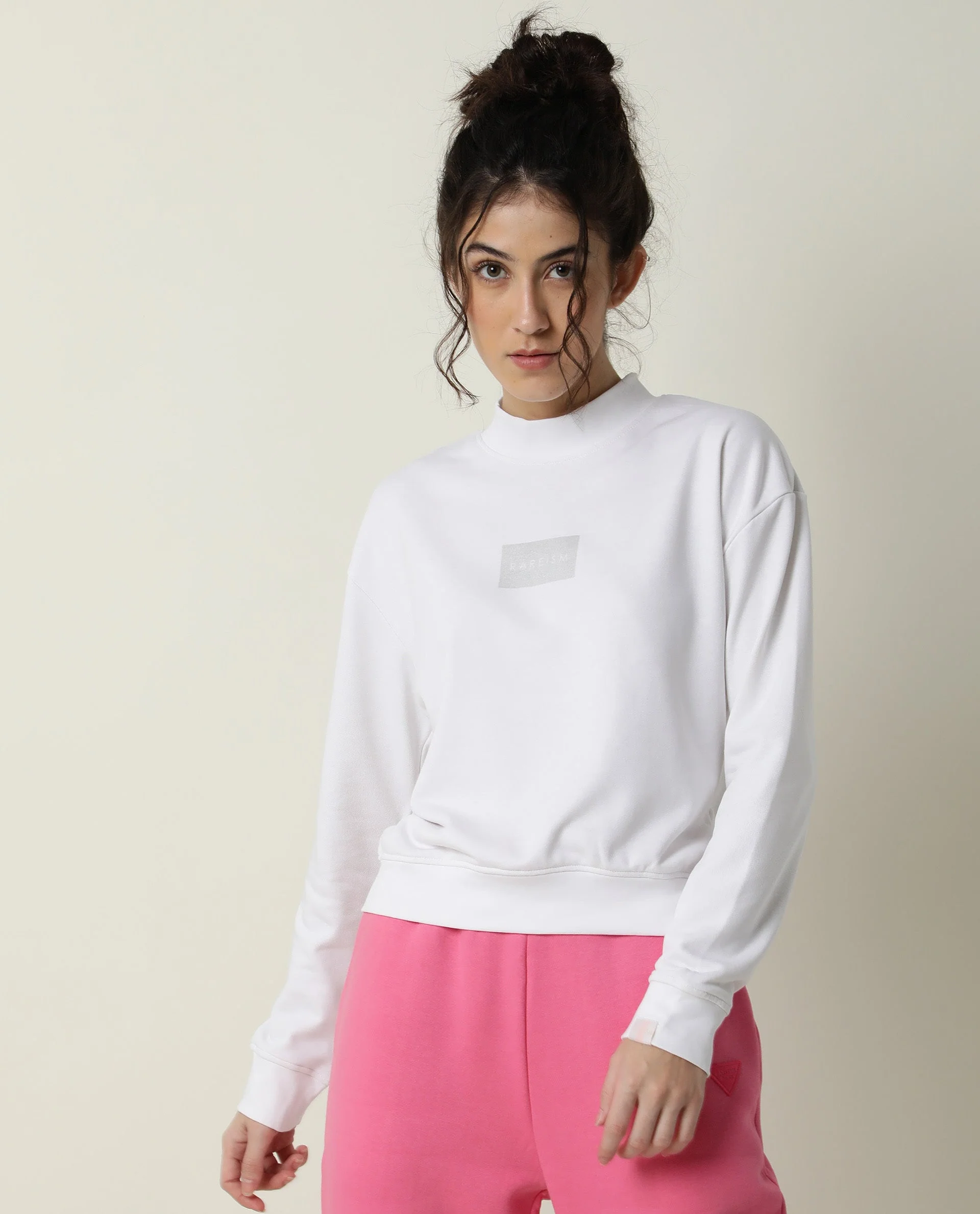 Rareism Women's Hectare White Cotton Blend High Neck Plain Relaxed Fit Sweatshirt - Image 4