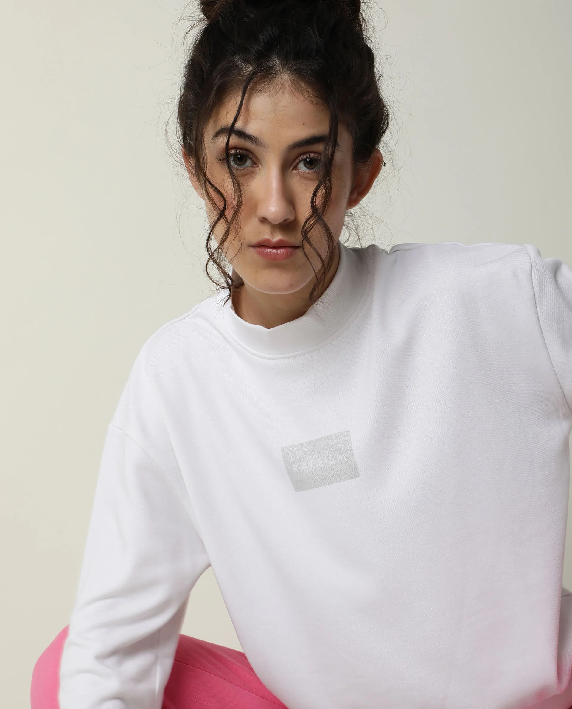 Rareism Women's Hectare White Cotton Blend High Neck Plain Relaxed Fit Sweatshirt - Image 5
