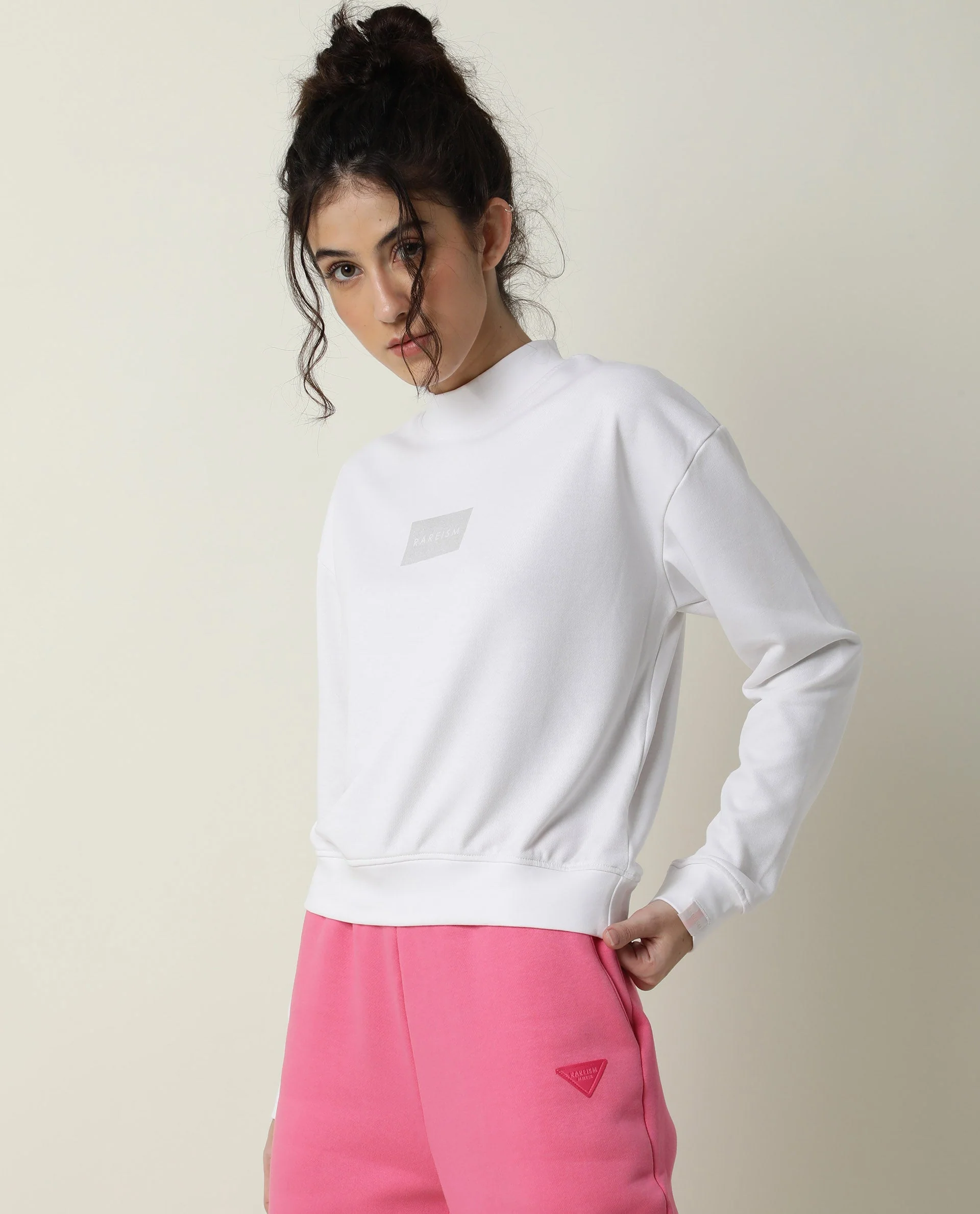 Rareism Women's Hectare White Cotton Blend High Neck Plain Relaxed Fit Sweatshirt - Image 6
