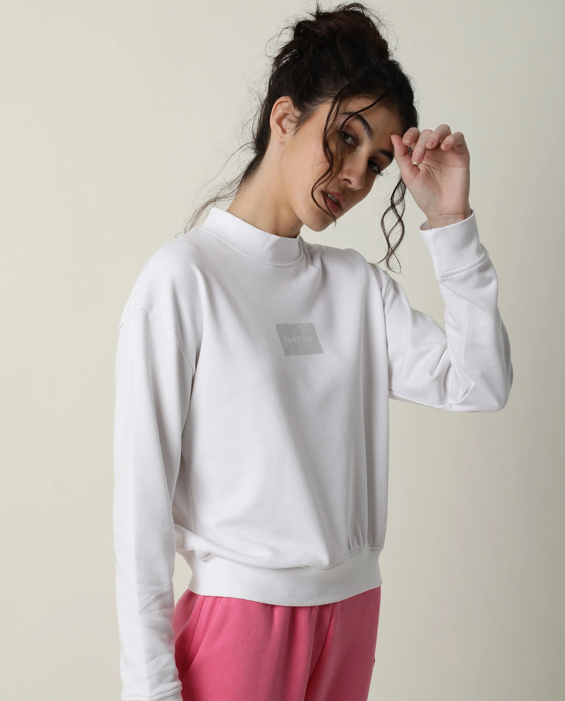 Rareism Women's Hectare White Cotton Blend High Neck Plain Relaxed Fit Sweatshirt - Image 7