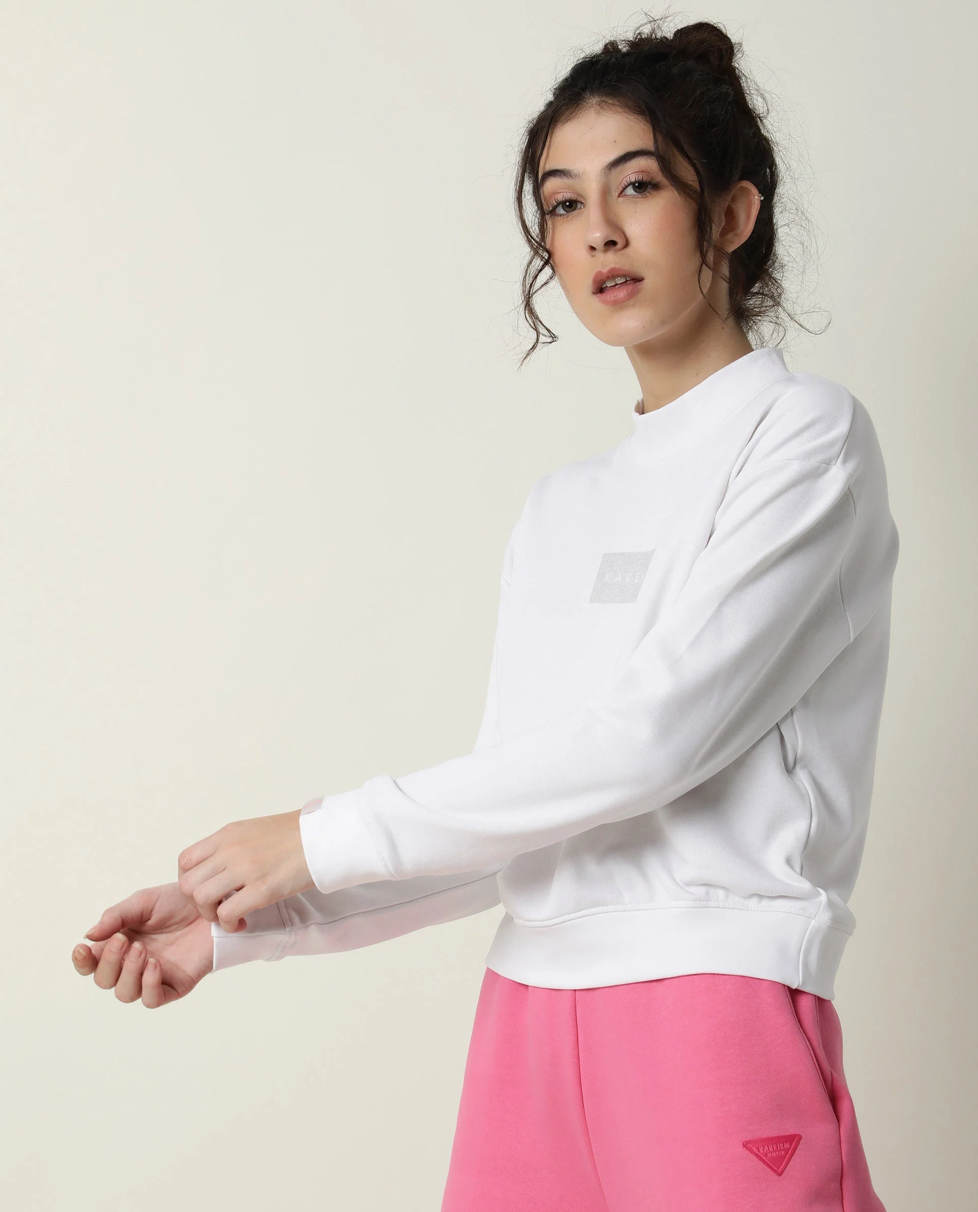 Rareism Women's Hectare White Cotton Blend High Neck Plain Relaxed Fit Sweatshirt - Image 8