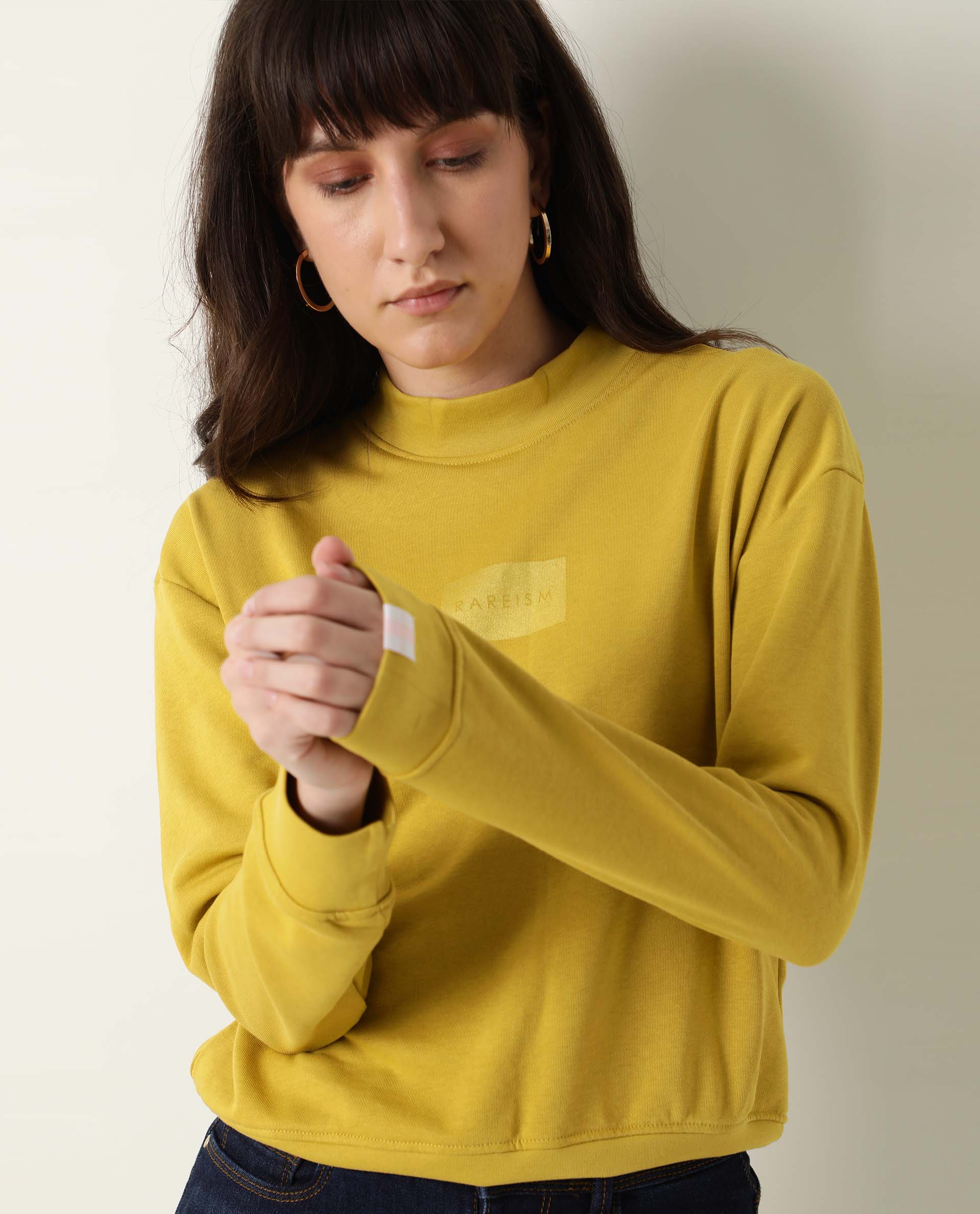 Rareism Women's Hectare Yellow Cotton Blend High Neck Plain Relaxed Fit Sweatshirt - Image 2