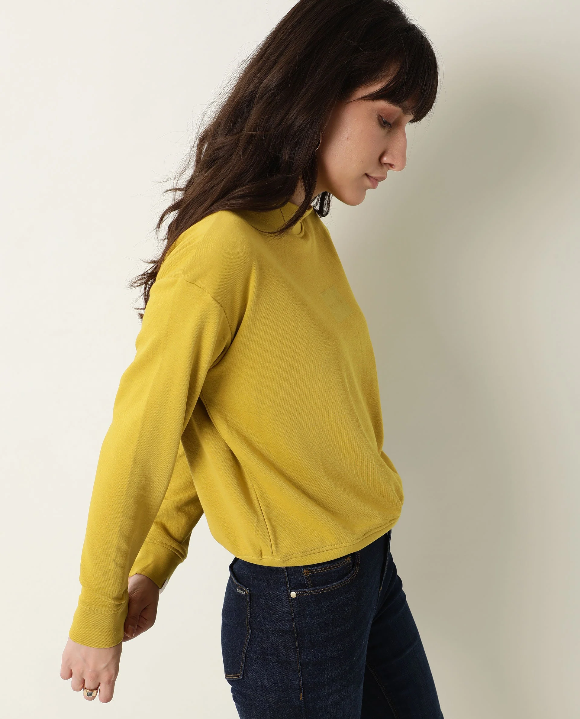 Rareism Women's Hectare Yellow Cotton Blend High Neck Plain Relaxed Fit Sweatshirt - Image 4