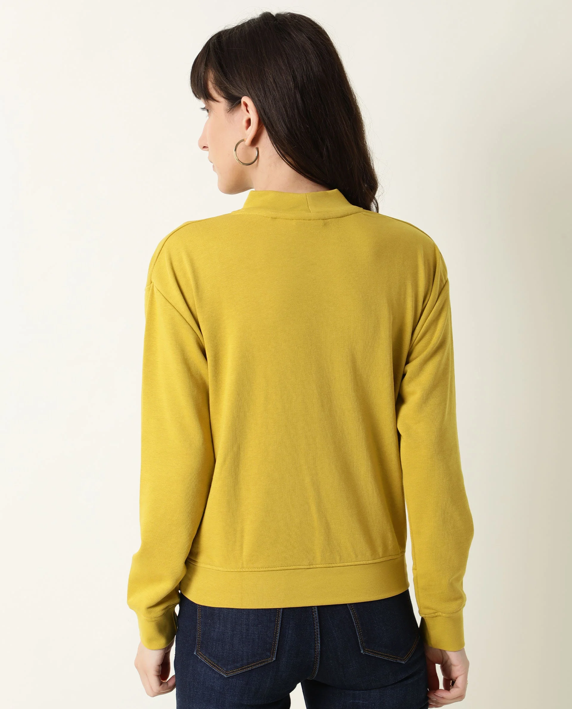 Rareism Women's Hectare Yellow Cotton Blend High Neck Plain Relaxed Fit Sweatshirt - Image 5