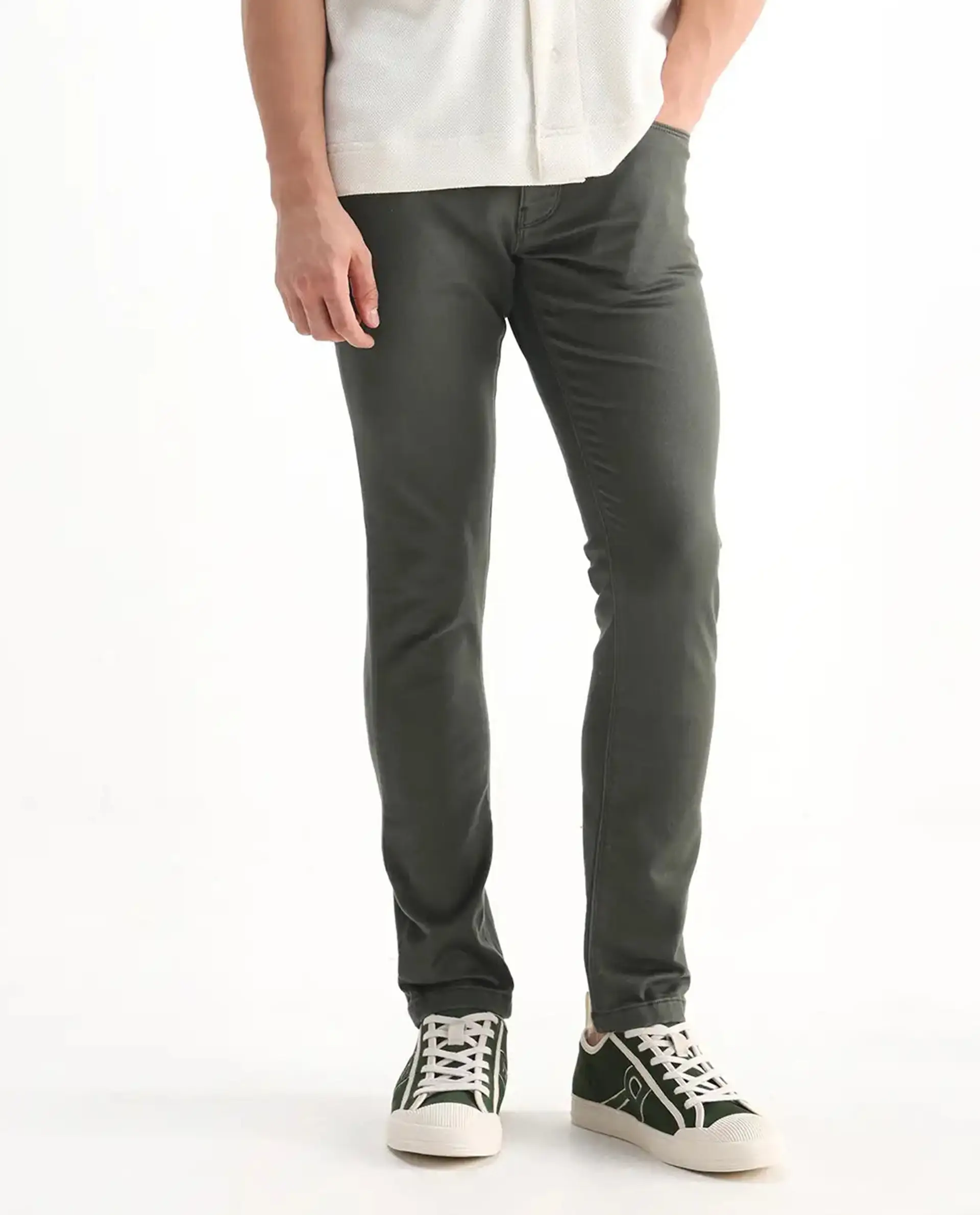 Rare Rabbit Men's Hede Olive Cotton Plain Hawk Slim Fit Jeans - Image 10