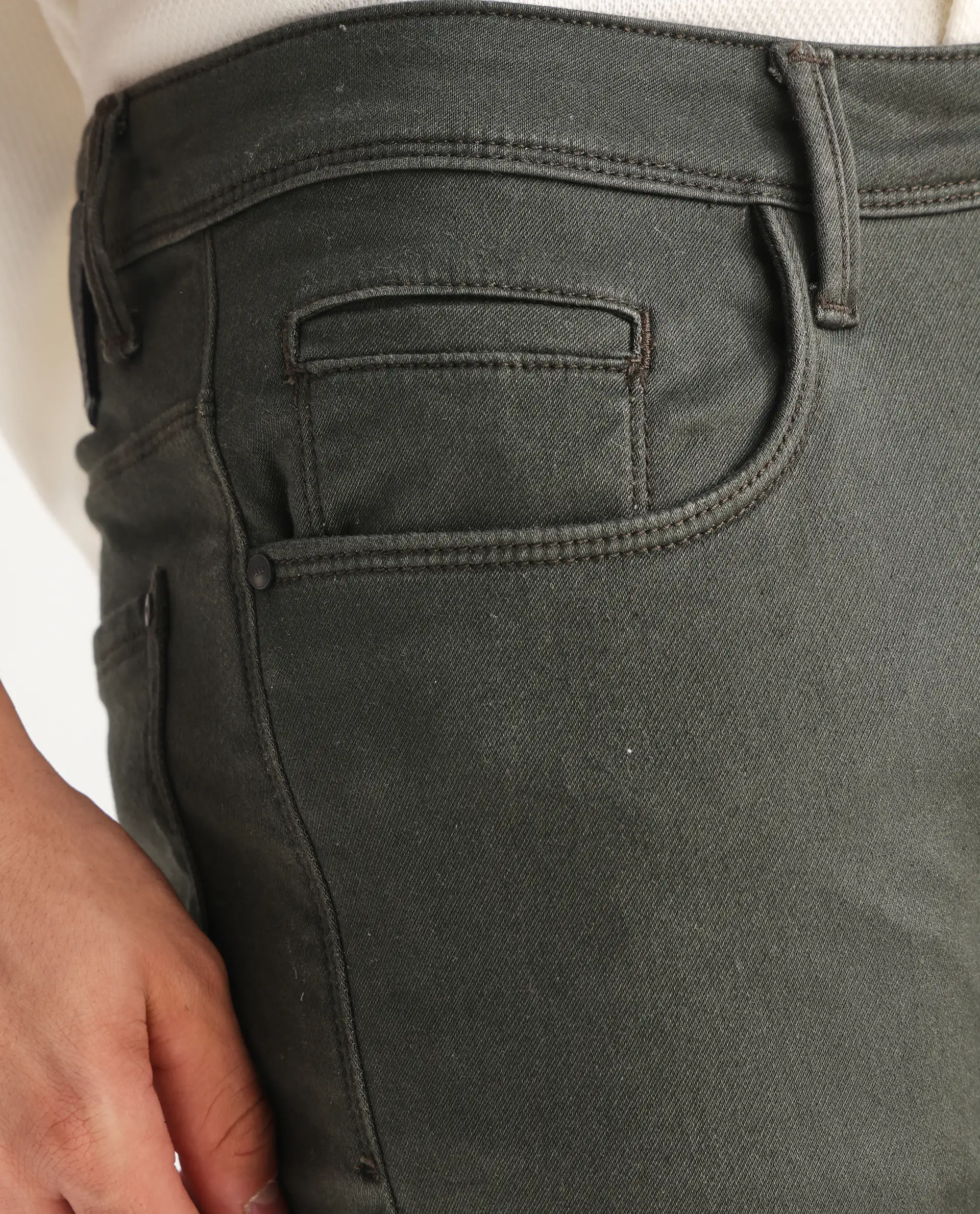 Rare Rabbit Men's Hede Olive Cotton Plain Hawk Slim Fit Jeans - Image 4