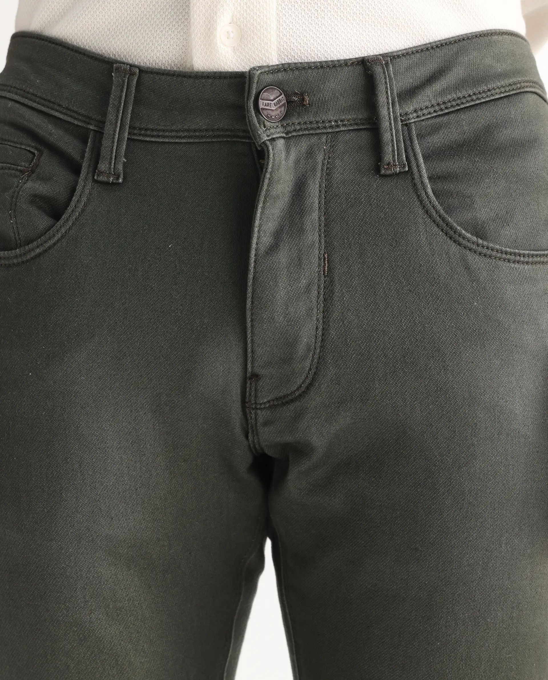 Rare Rabbit Men's Hede Olive Cotton Plain Hawk Slim Fit Jeans - Image 6