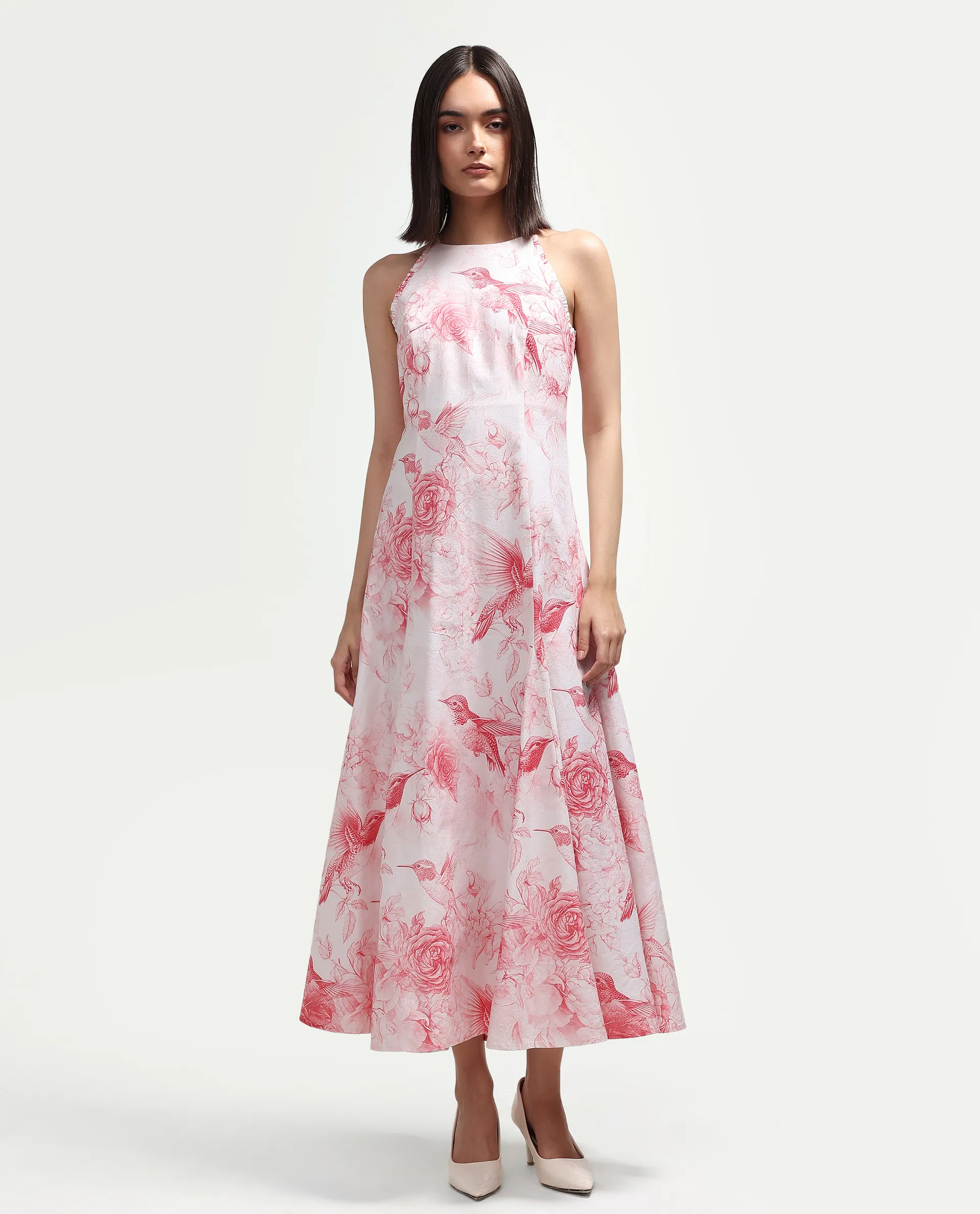 Rareism Women's Hedi Off White Cotton Halter Neck Fit And Flare Floral Print Dress