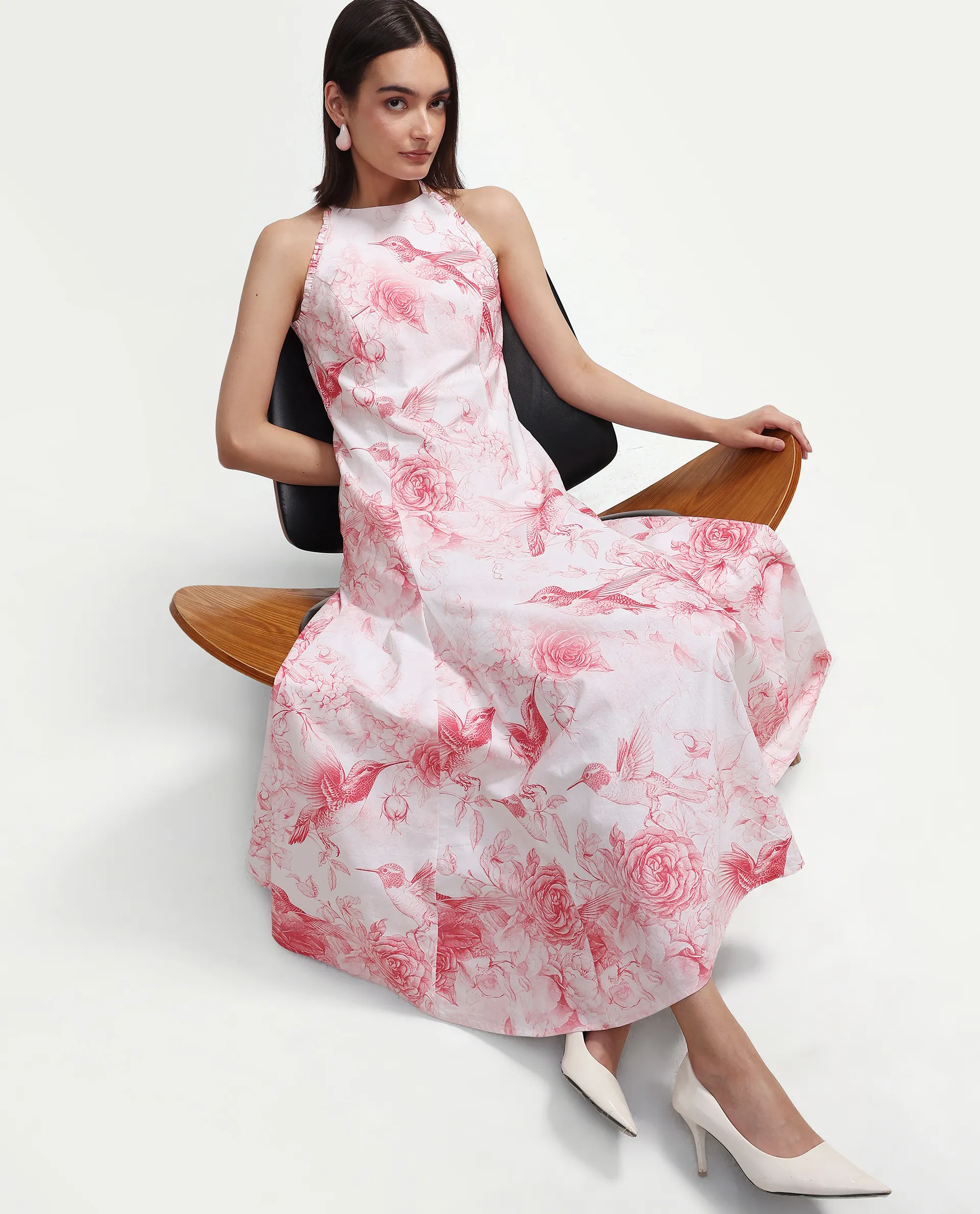 Rareism Women's Hedi Off White Cotton Halter Neck Fit And Flare Floral Print Dress - Image 2