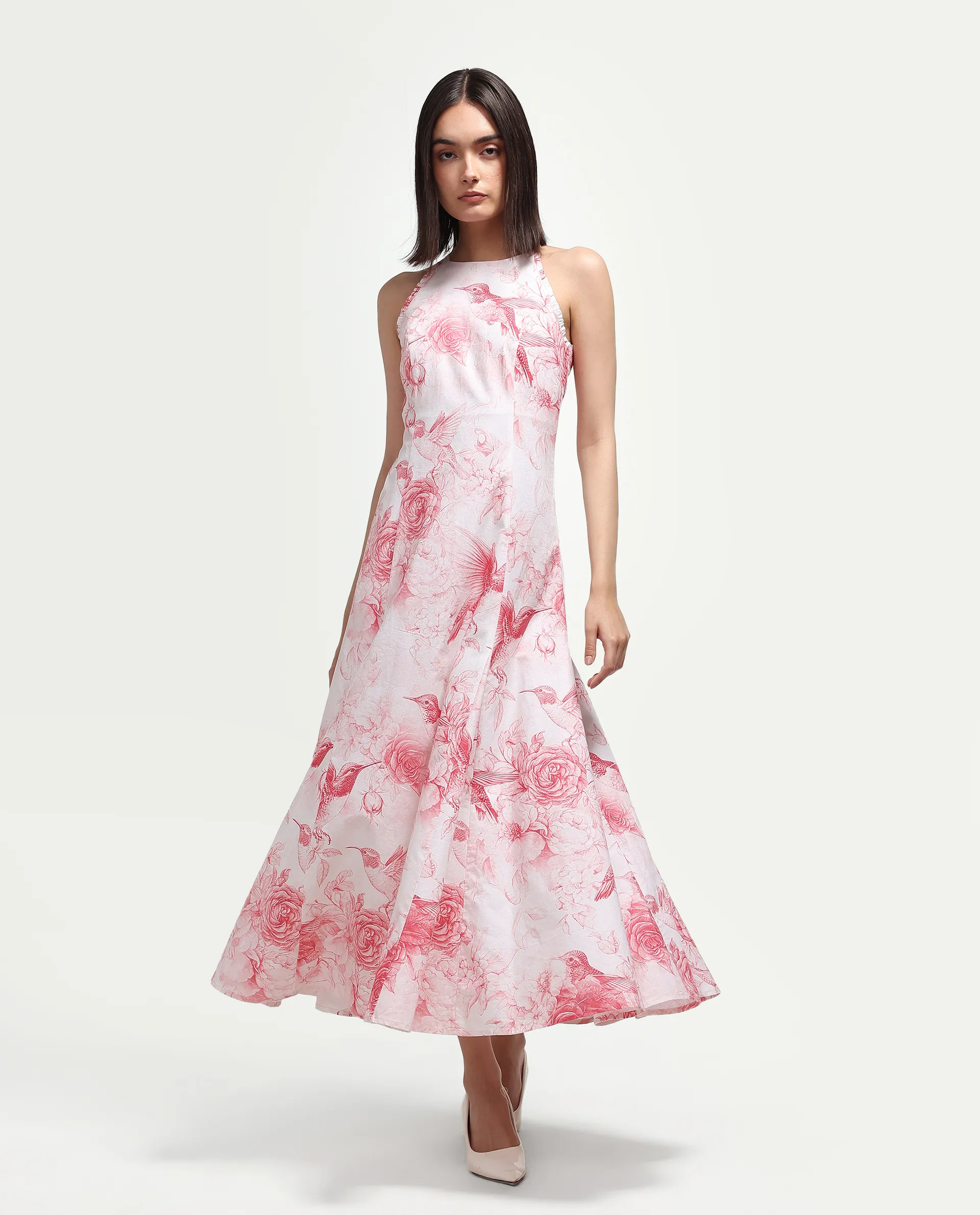 Rareism Women's Hedi Off White Cotton Halter Neck Fit And Flare Floral Print Dress - Image 3