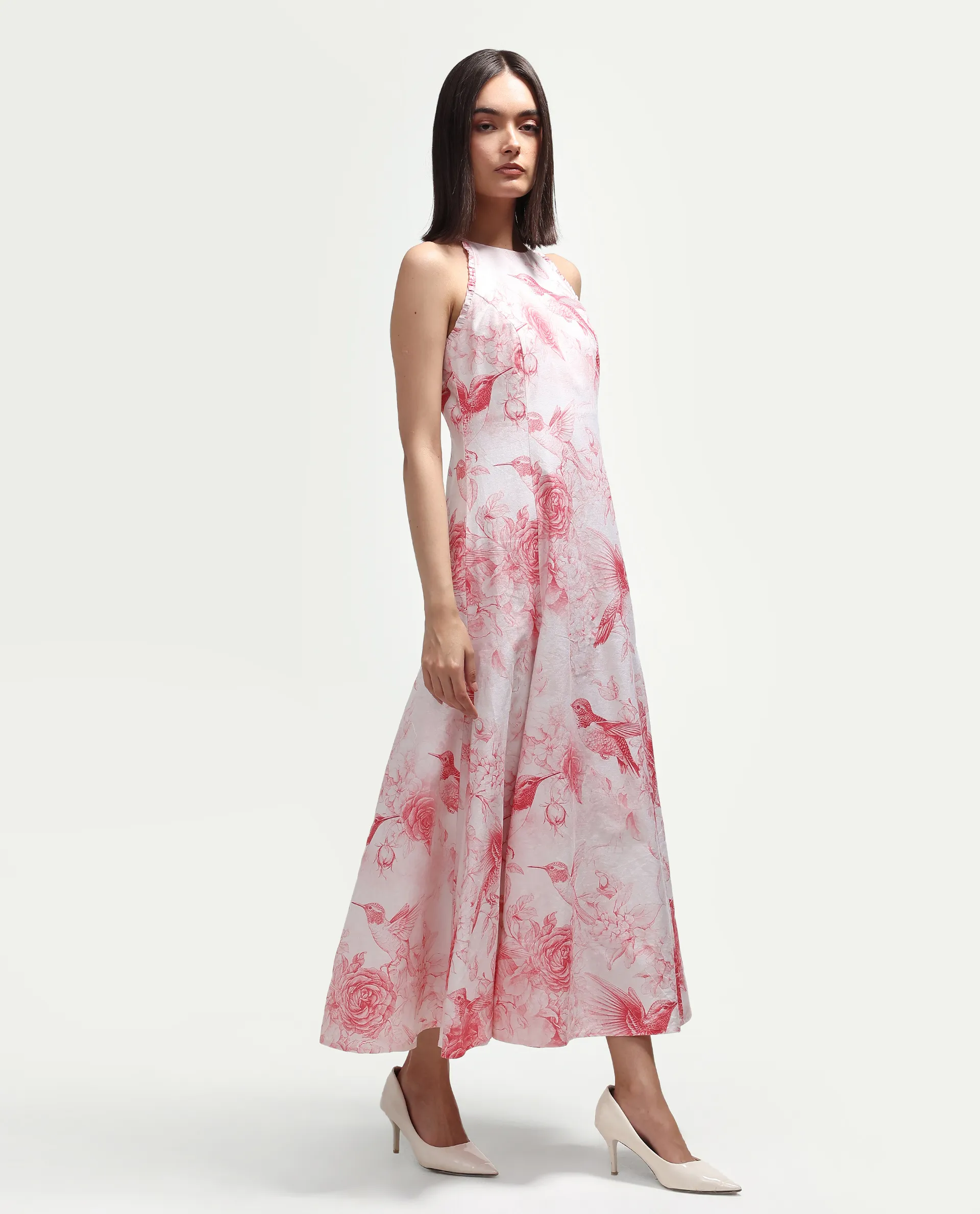 Rareism Women's Hedi Off White Cotton Halter Neck Fit And Flare Floral Print Dress - Image 4