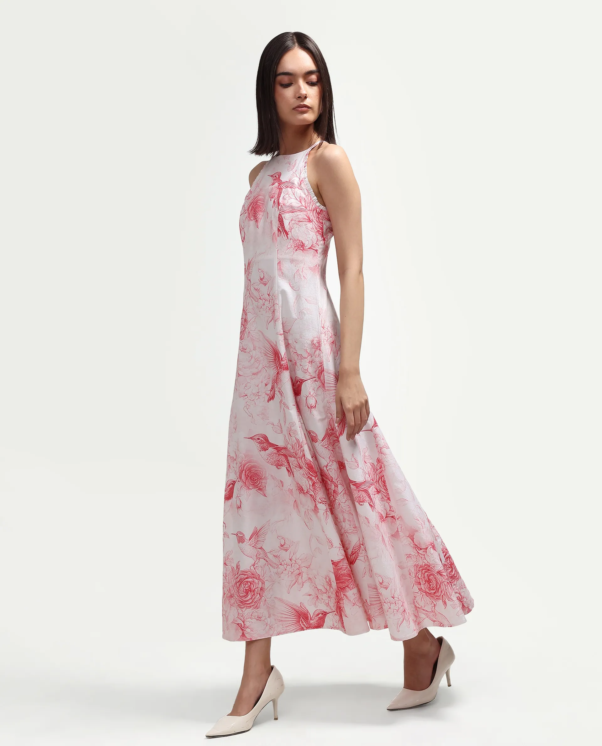 Rareism Women's Hedi Off White Cotton Halter Neck Fit And Flare Floral Print Dress - Image 5