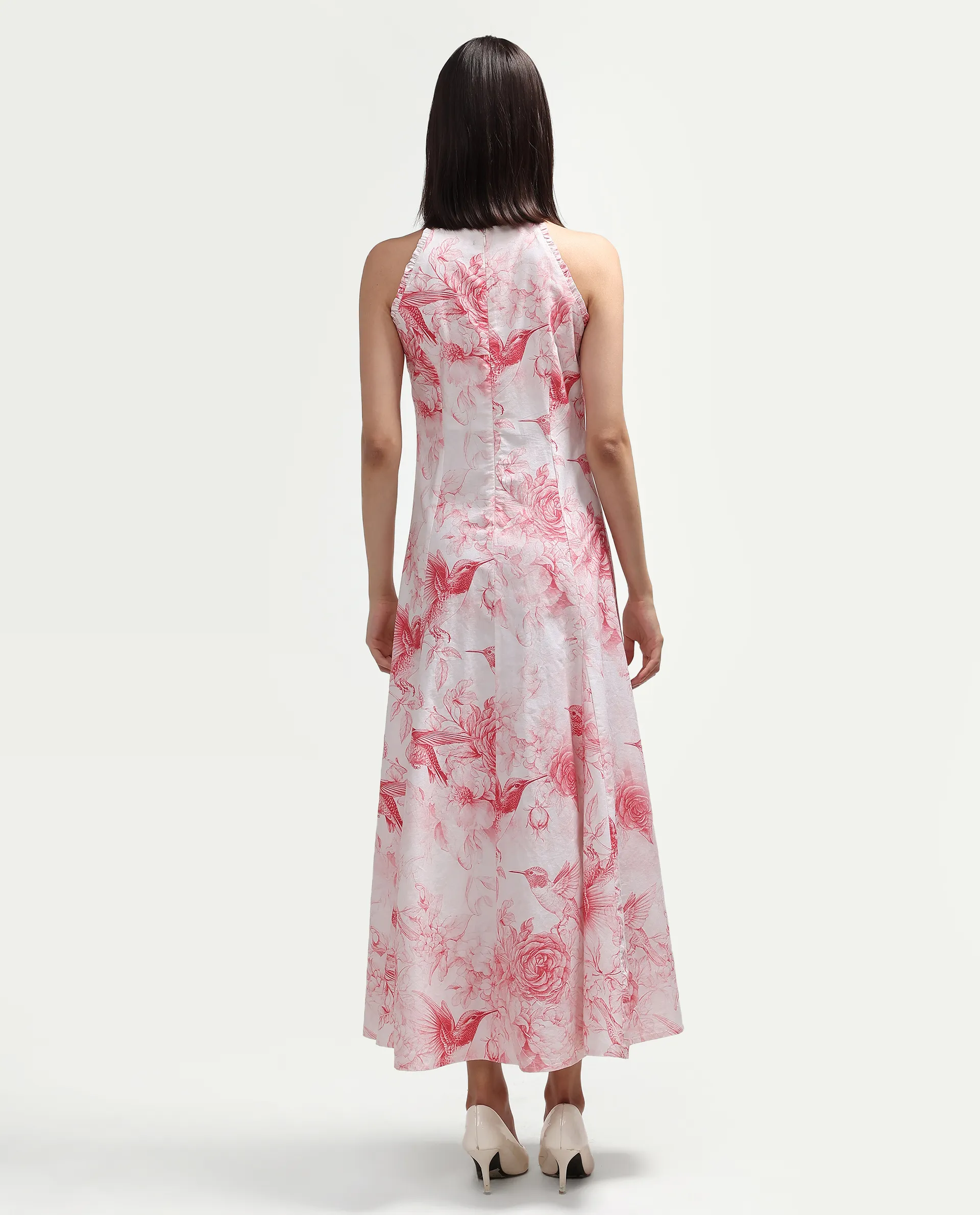 Rareism Women's Hedi Off White Cotton Halter Neck Fit And Flare Floral Print Dress - Image 6