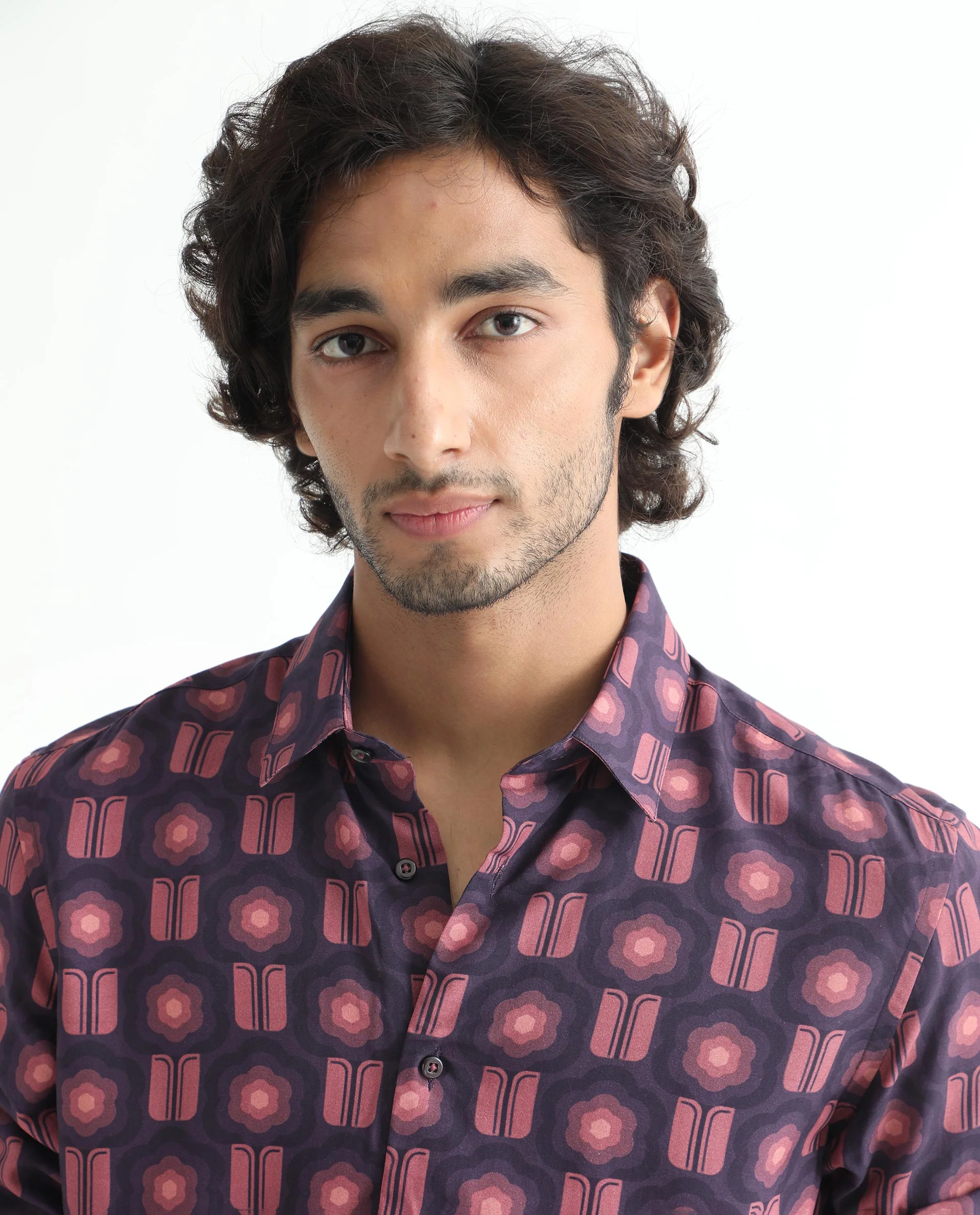 Rare Rabbit Men's Hedwig Dark Purple Viscose Geometric Print Regular Fit Full Sleeve Collared Shirt - Image 2