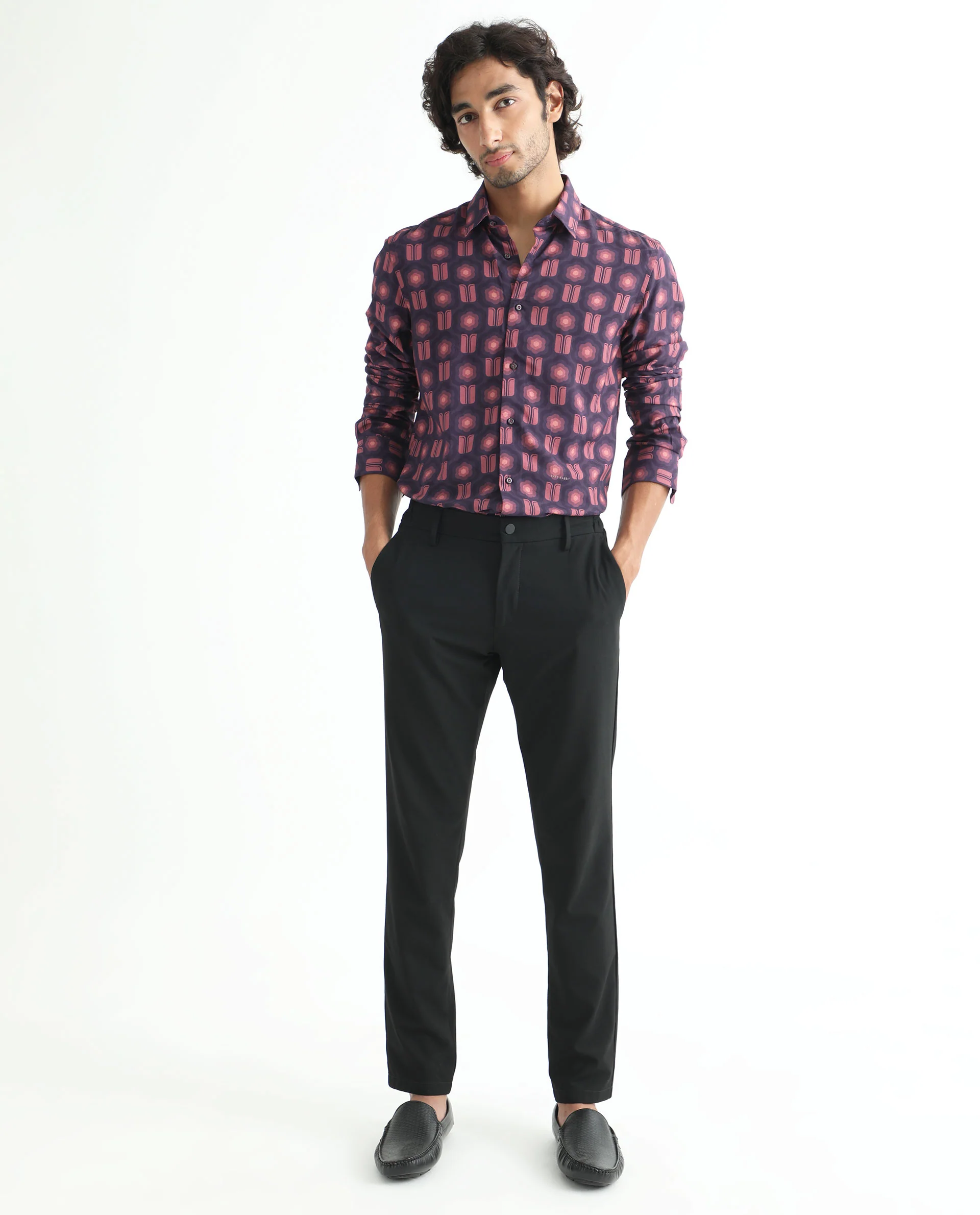 Rare Rabbit Men's Hedwig Dark Purple Viscose Geometric Print Regular Fit Full Sleeve Collared Shirt - Image 4