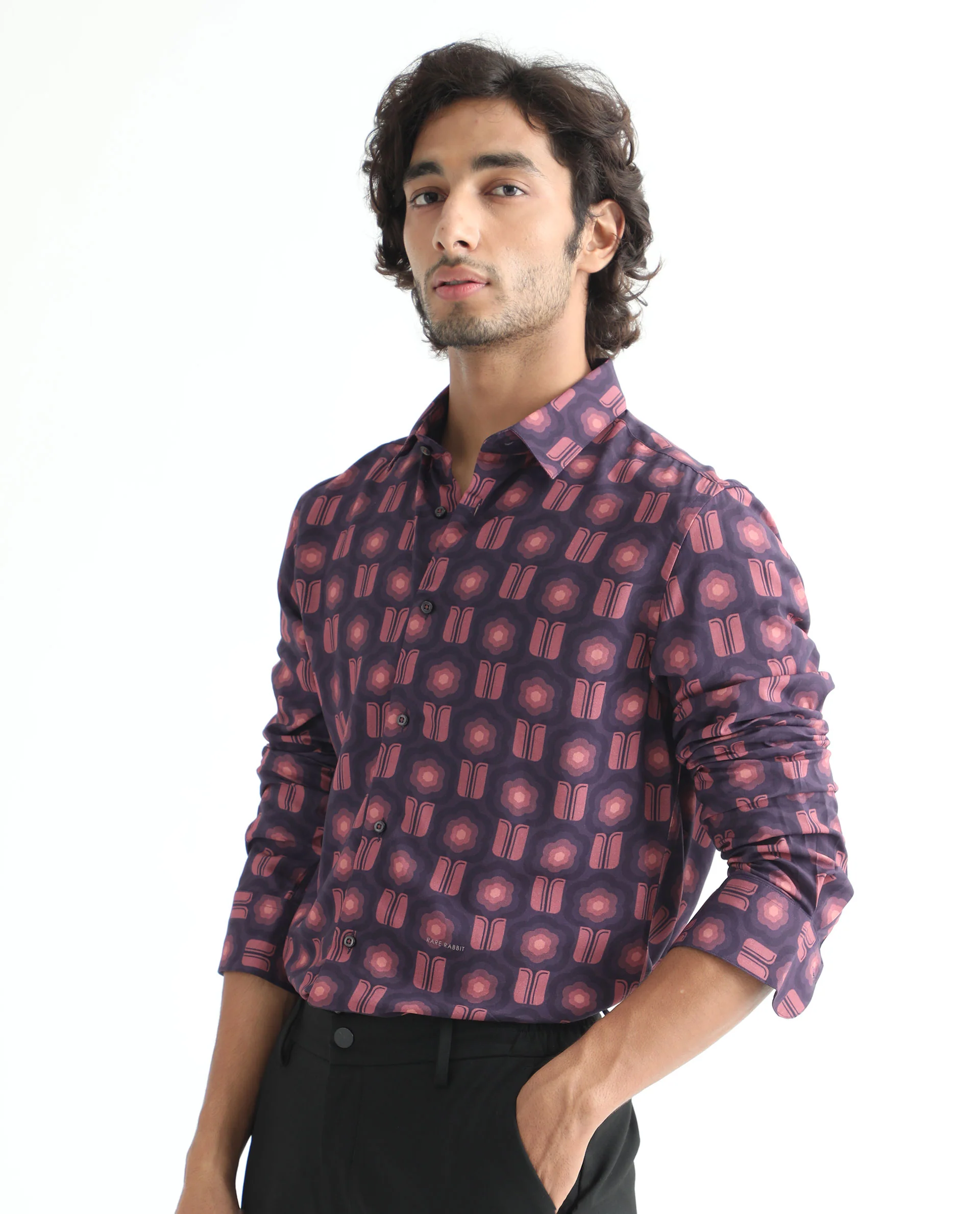 Rare Rabbit Men's Hedwig Dark Purple Viscose Geometric Print Regular Fit Full Sleeve Collared Shirt - Image 5