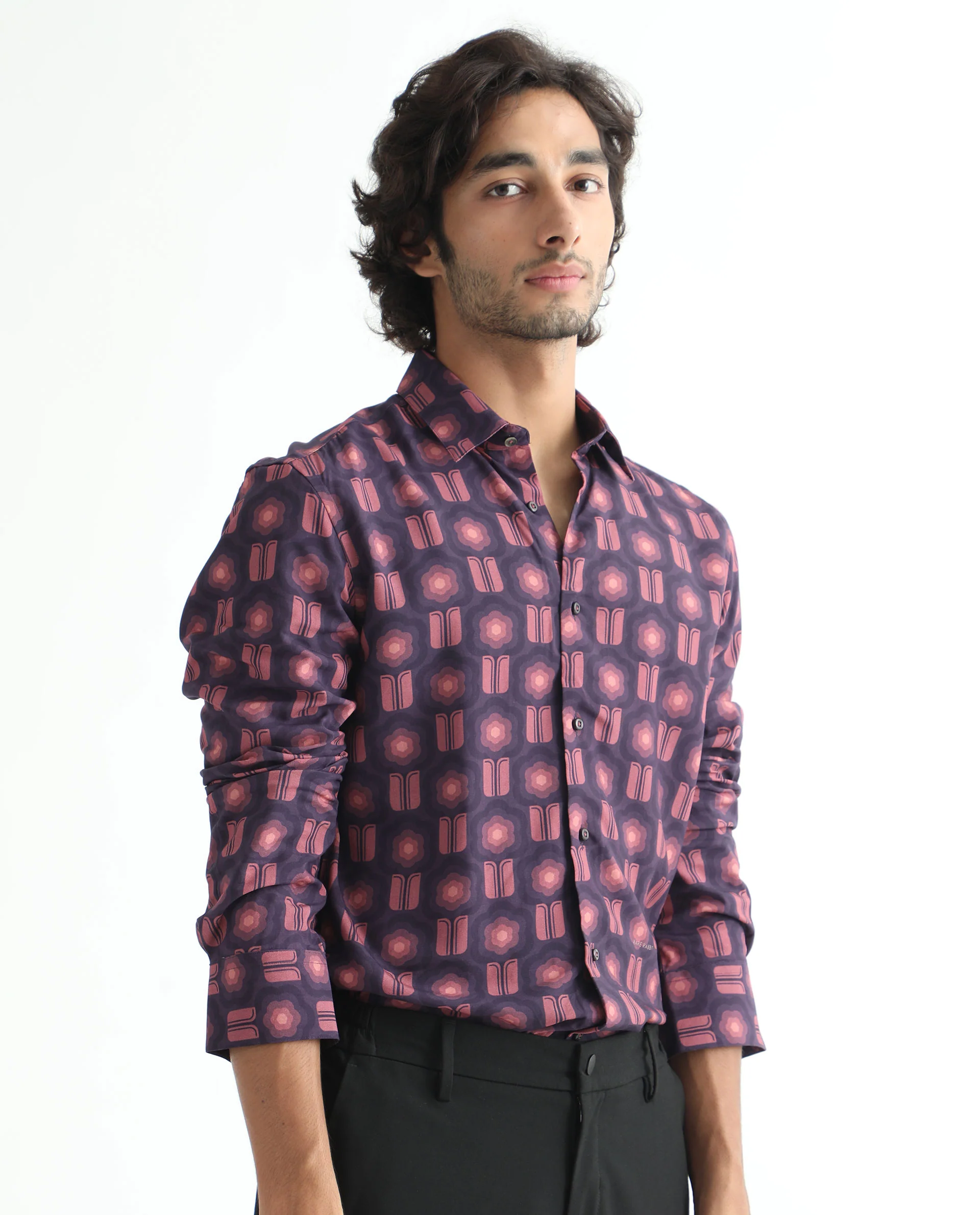 Rare Rabbit Men's Hedwig Dark Purple Viscose Geometric Print Regular Fit Full Sleeve Collared Shirt - Image 6