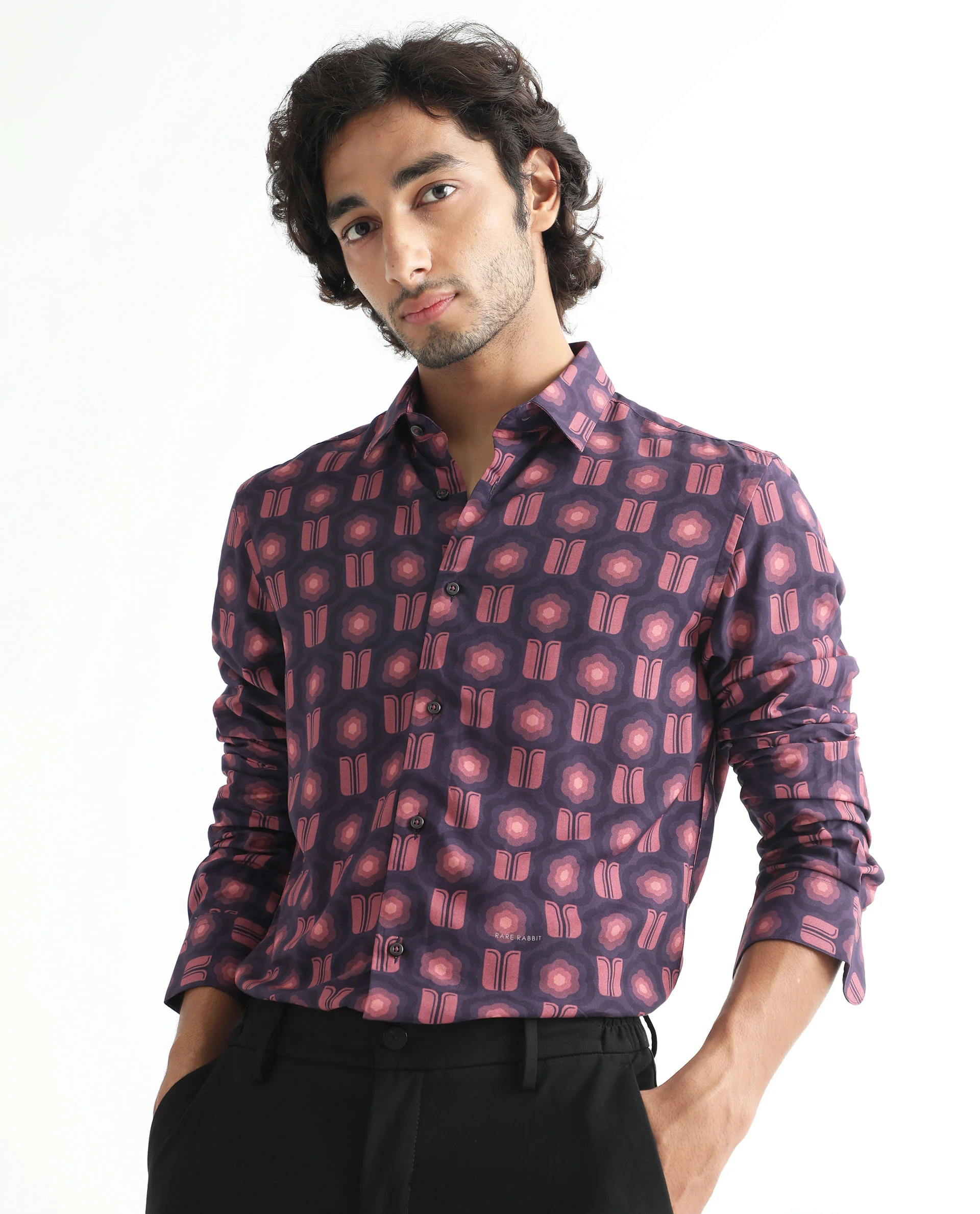 Rare Rabbit Men's Hedwig Dark Purple Viscose Geometric Print Regular Fit Full Sleeve Collared Shirt - Image 7