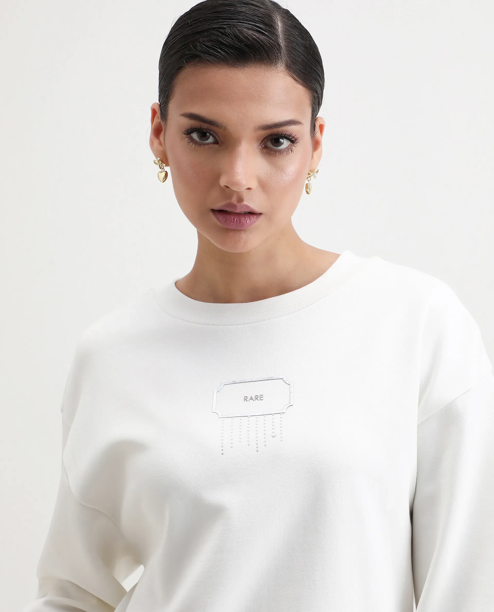 Rareism Women's Hefko Off White Cotton Blend Crew Neck Relaxed Fit Graphic Print Sweatshirt - Image 3
