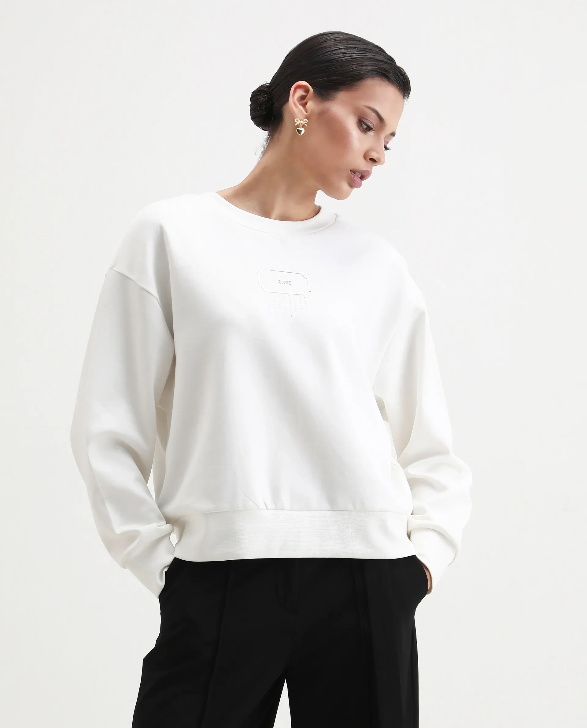 Rareism Women's Hefko Off White Cotton Blend Crew Neck Relaxed Fit Graphic Print Sweatshirt - Image 4