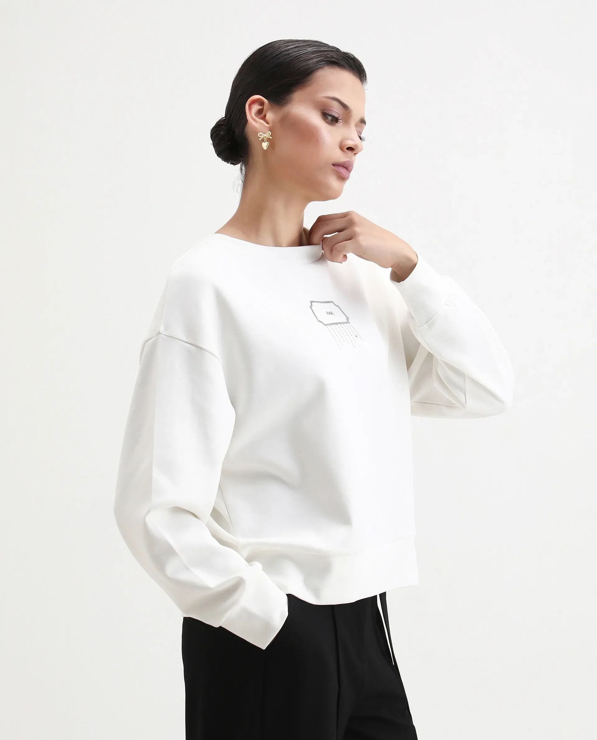 Rareism Women's Hefko Off White Cotton Blend Crew Neck Relaxed Fit Graphic Print Sweatshirt - Image 5