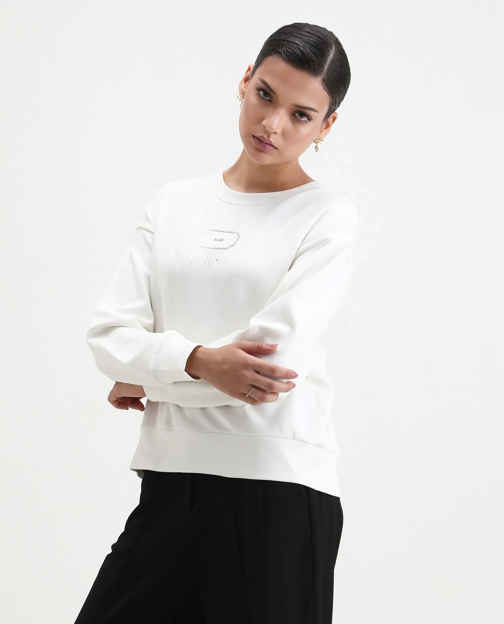 Rareism Women's Hefko Off White Cotton Blend Crew Neck Relaxed Fit Graphic Print Sweatshirt - Image 6
