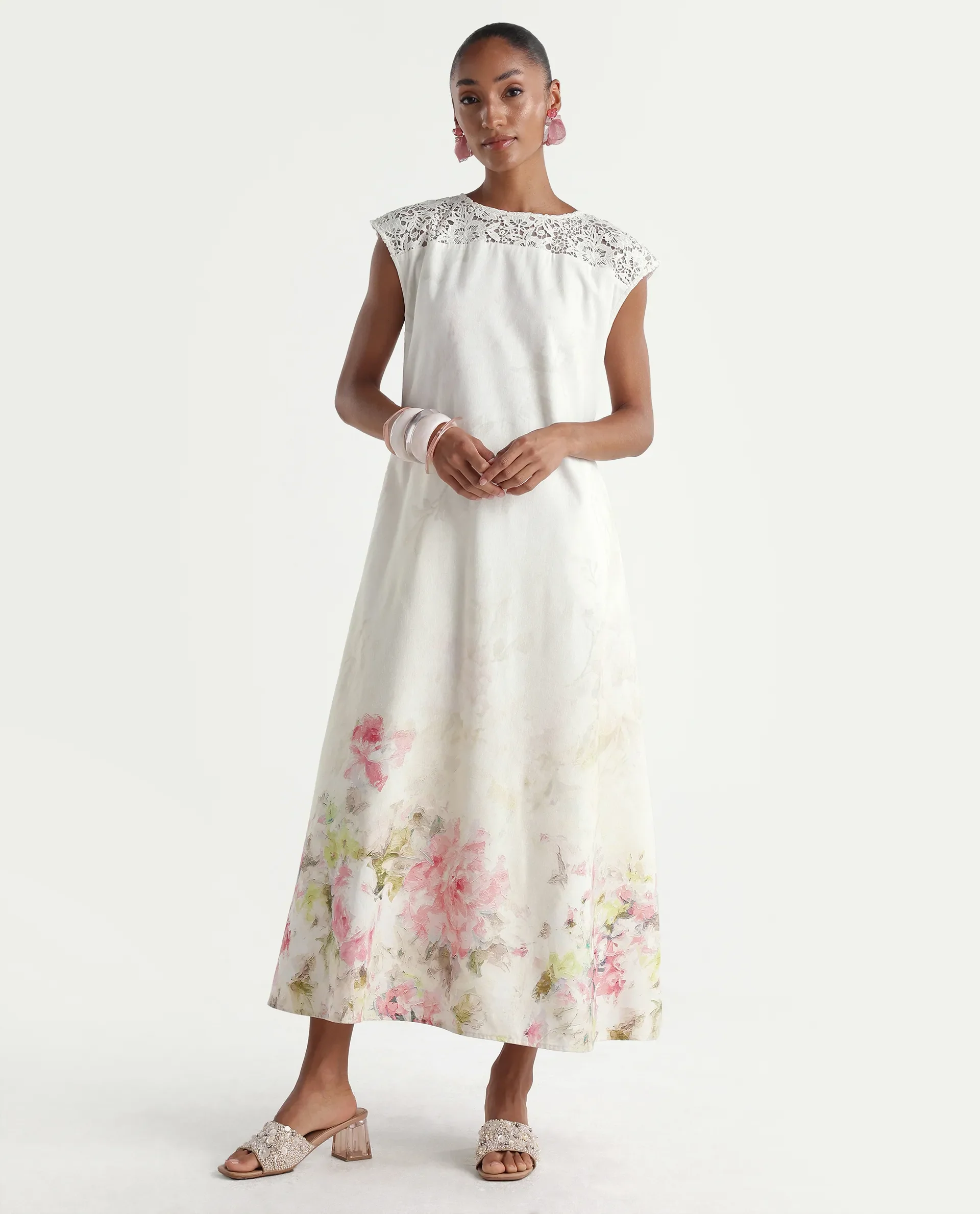 Rareism Women's Hego Off White Viscose Blend Fabric Crew Neck A-Line Floral Print Dress - Image 2