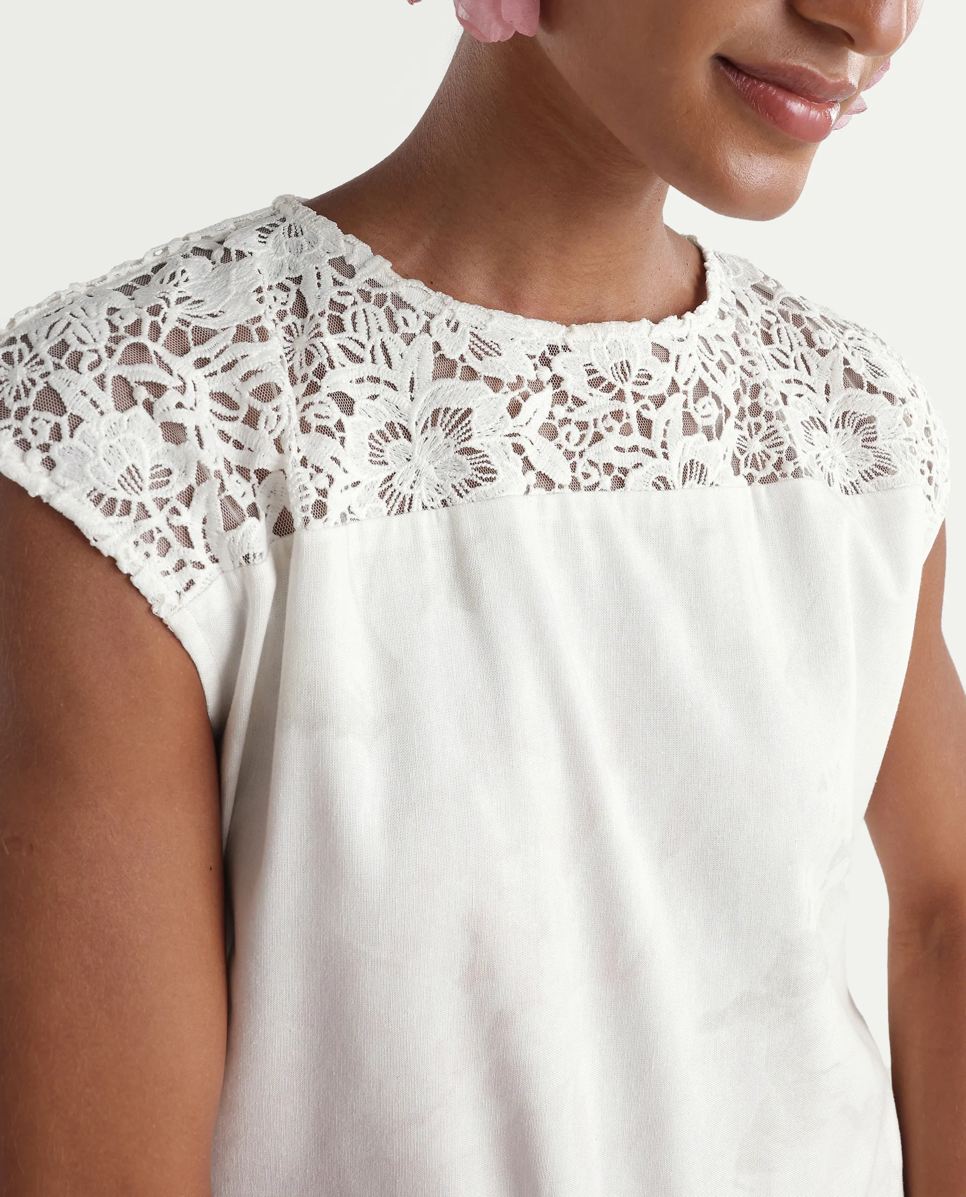 Rareism Women's Hego Off White Viscose Blend Fabric Crew Neck A-Line Floral Print Dress - Image 3