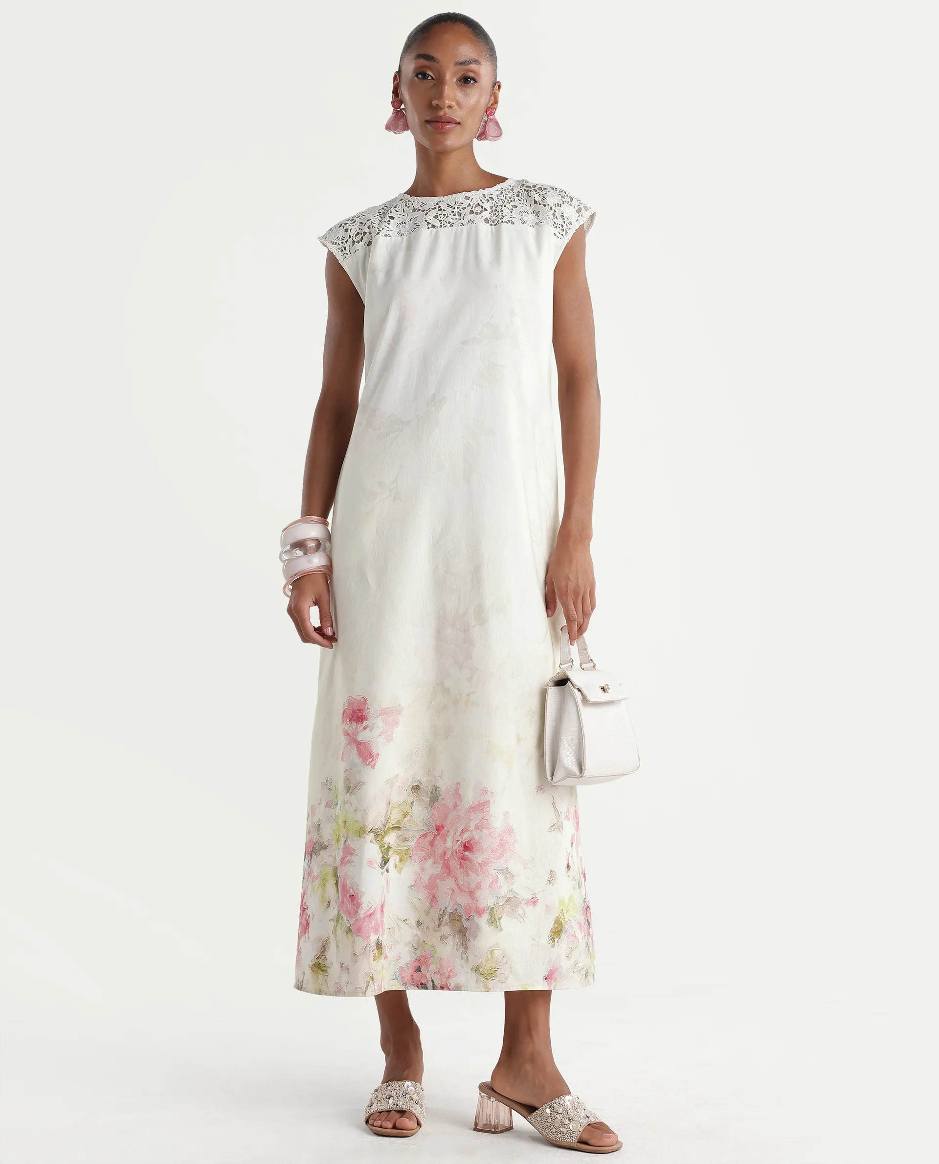 Rareism Women's Hego Off White Viscose Blend Fabric Crew Neck A-Line Floral Print Dress - Image 4