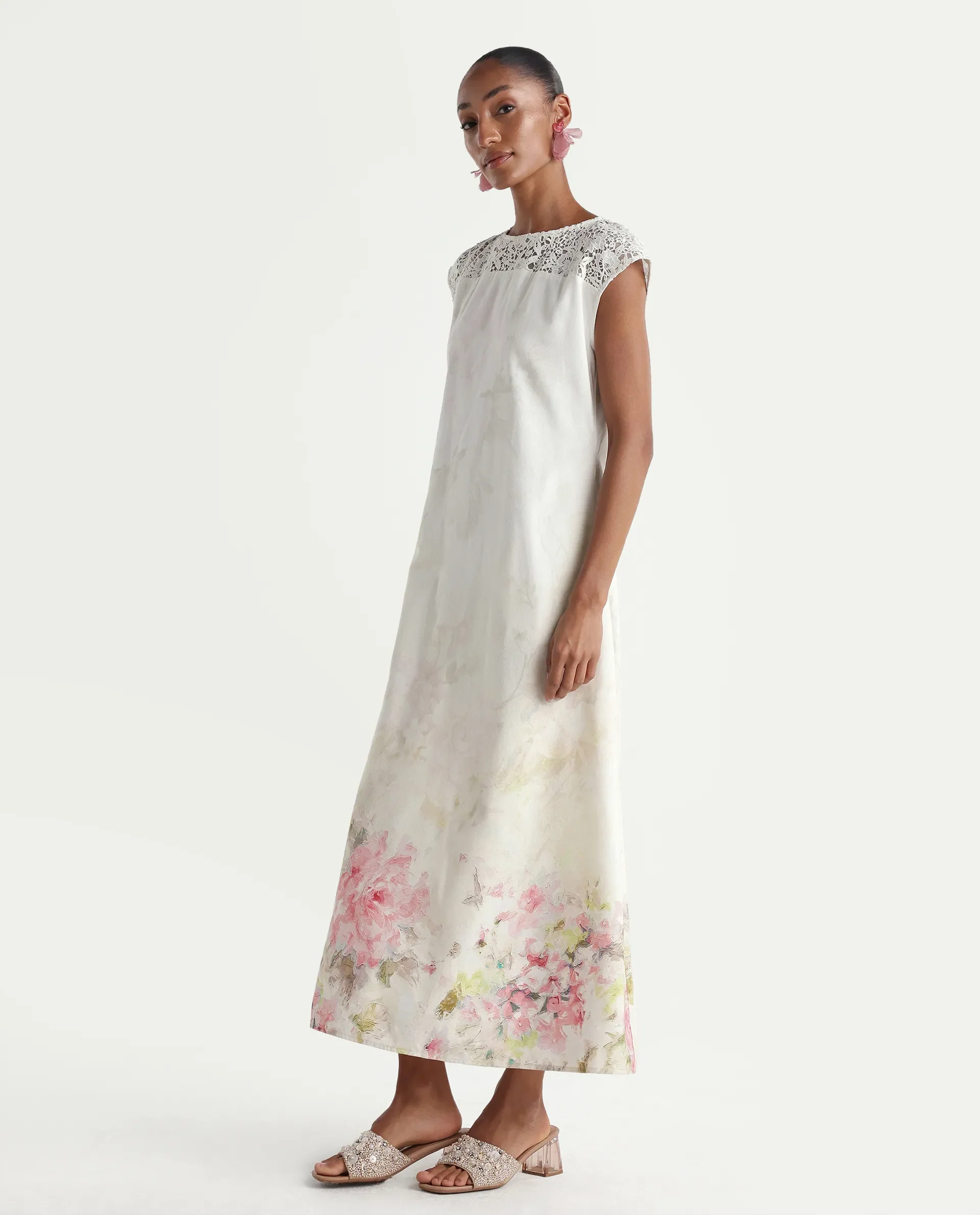 Rareism Women's Hego Off White Viscose Blend Fabric Crew Neck A-Line Floral Print Dress - Image 5