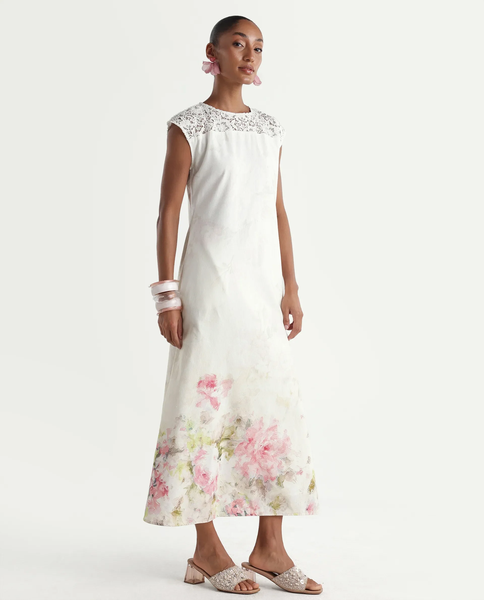 Rareism Women's Hego Off White Viscose Blend Fabric Crew Neck A-Line Floral Print Dress - Image 6