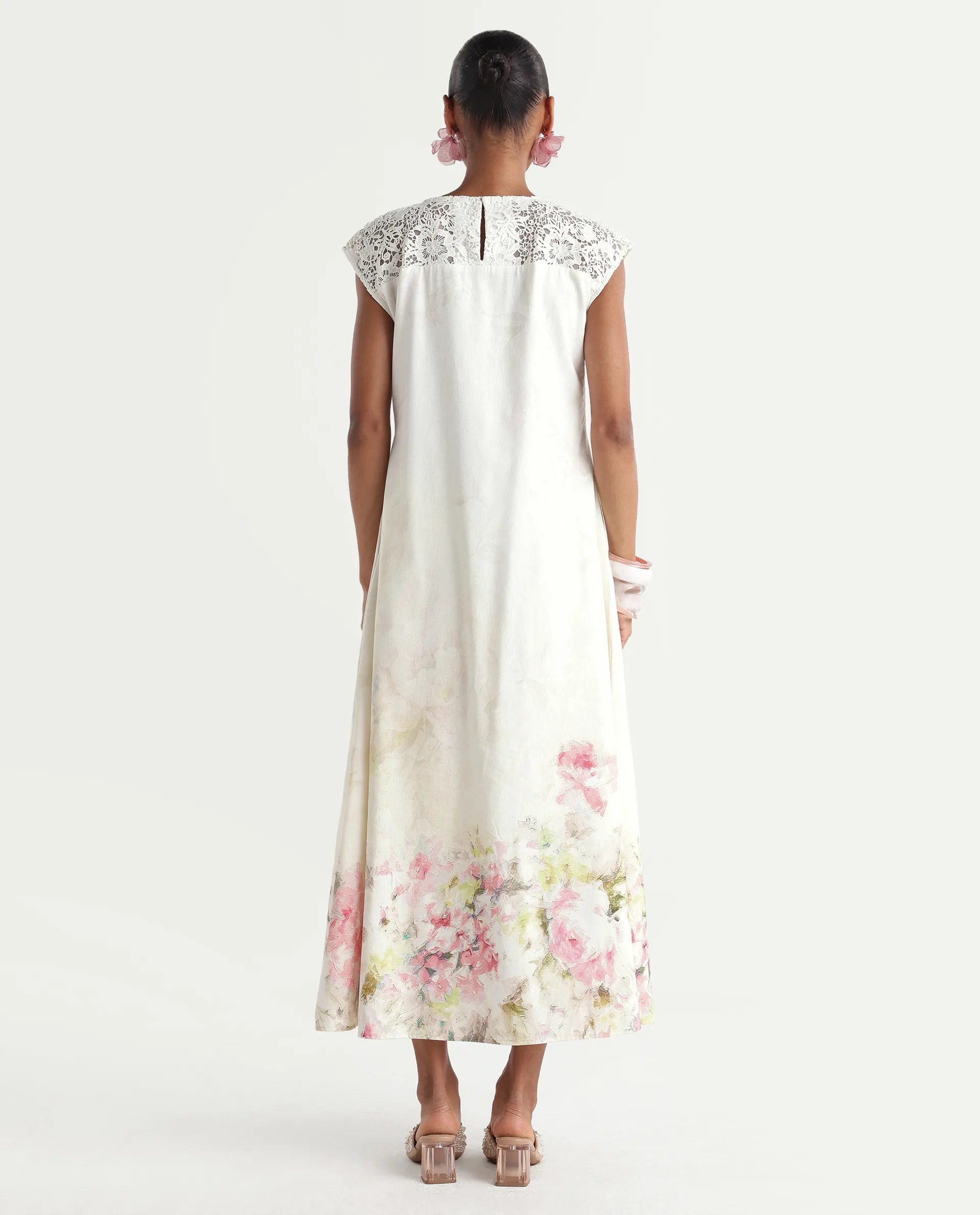 Rareism Women's Hego Off White Viscose Blend Fabric Crew Neck A-Line Floral Print Dress - Image 7