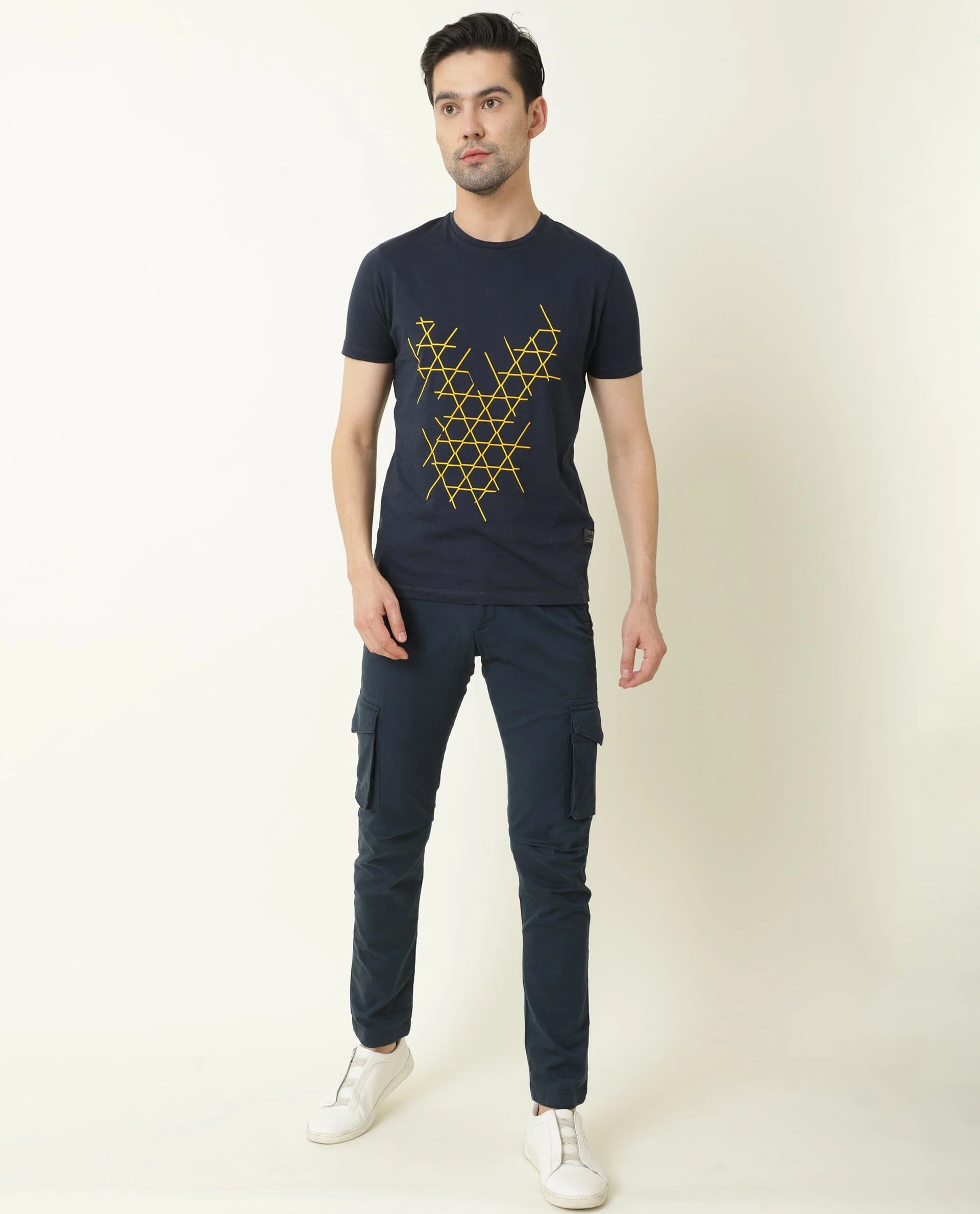 Rare Rabbit Men's Hegon Navy Cotton Graphic Print Slim Fit Half Sleeve Crew Neck T-Shirt - Image 2