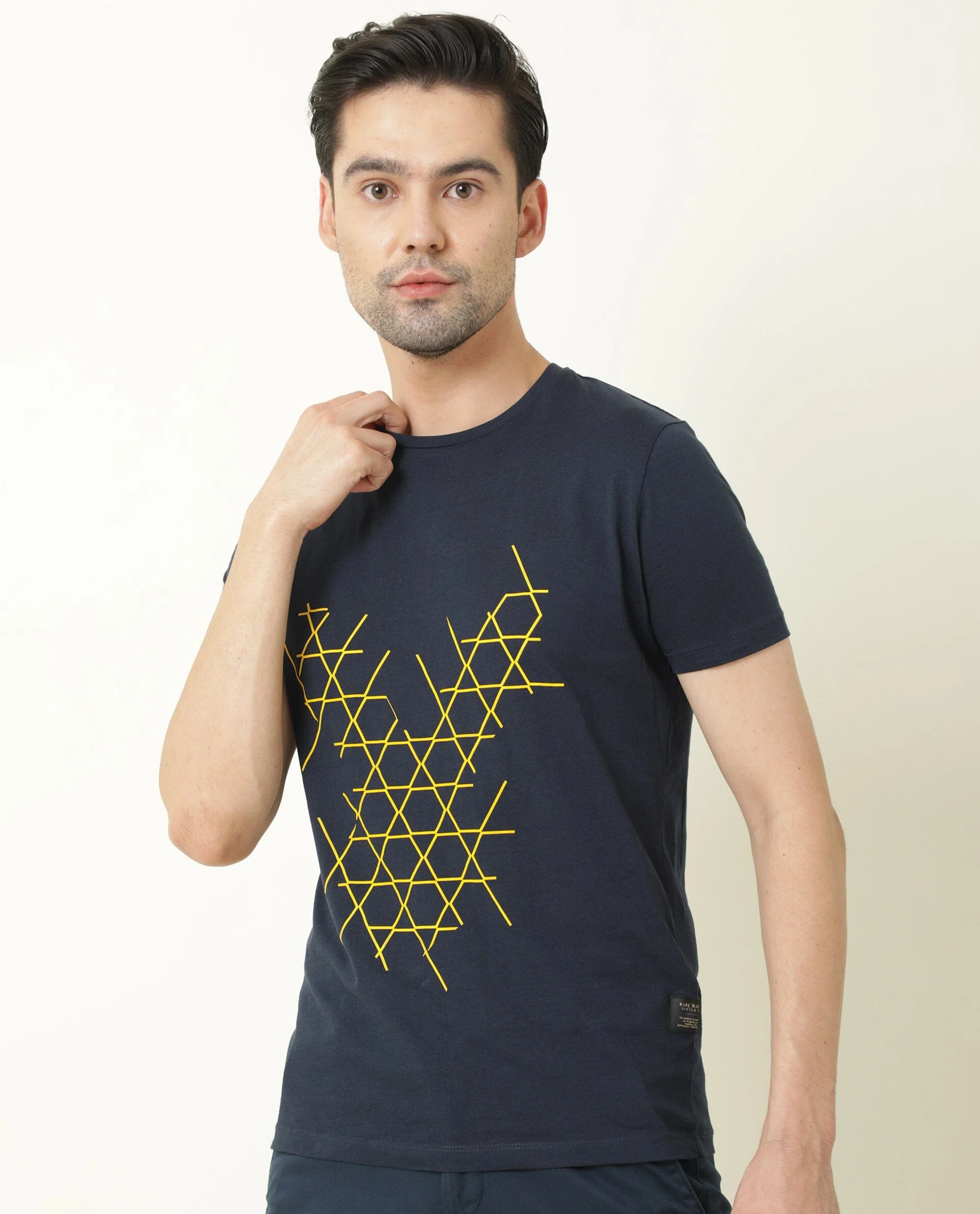 Rare Rabbit Men's Hegon Navy Cotton Graphic Print Slim Fit Half Sleeve Crew Neck T-Shirt - Image 3