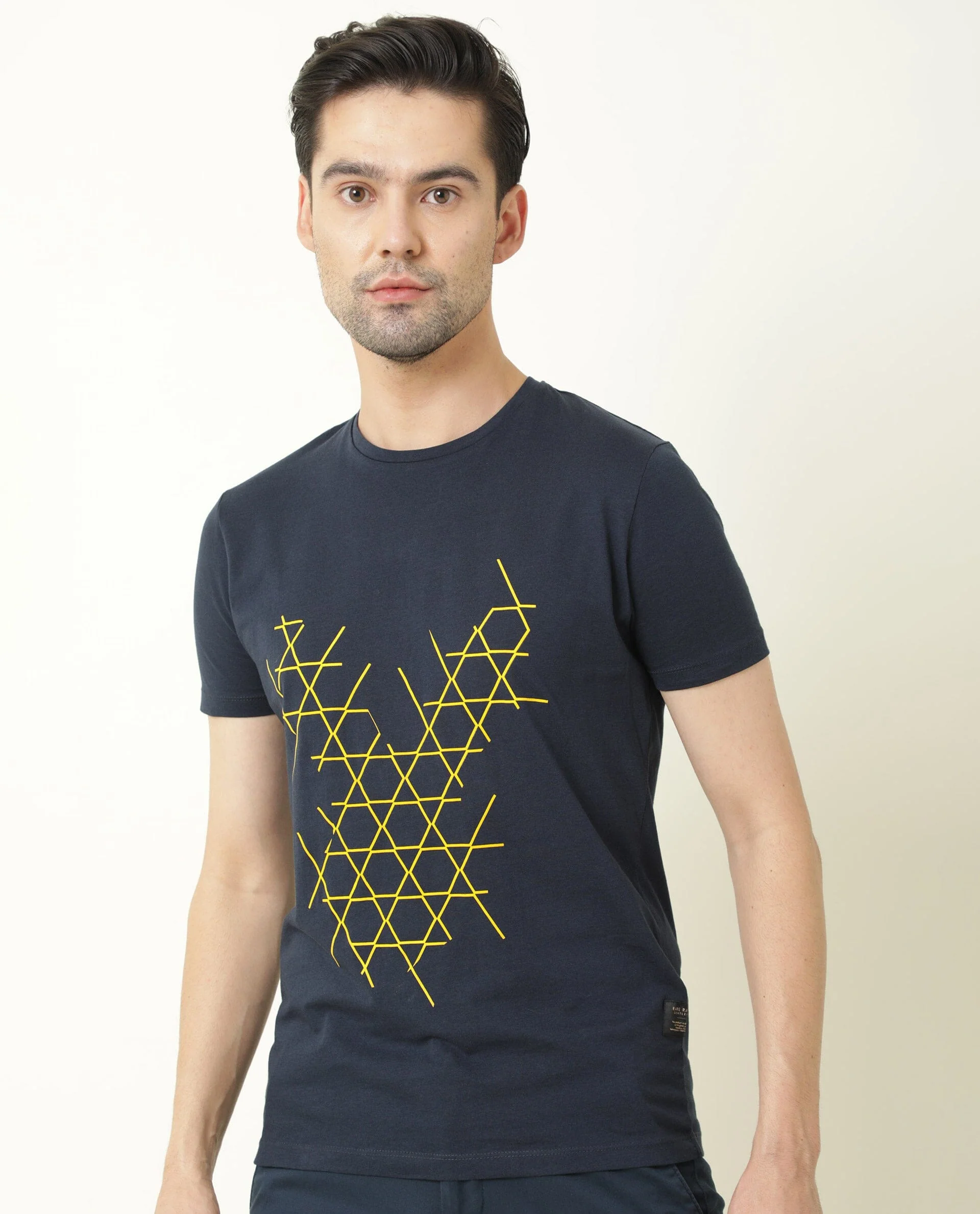 Rare Rabbit Men's Hegon Navy Cotton Graphic Print Slim Fit Half Sleeve Crew Neck T-Shirt - Image 4
