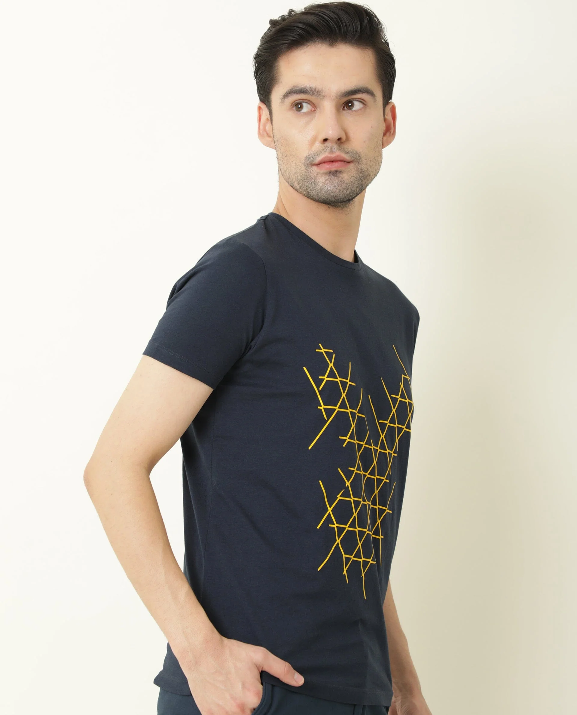 Rare Rabbit Men's Hegon Navy Cotton Graphic Print Slim Fit Half Sleeve Crew Neck T-Shirt - Image 5