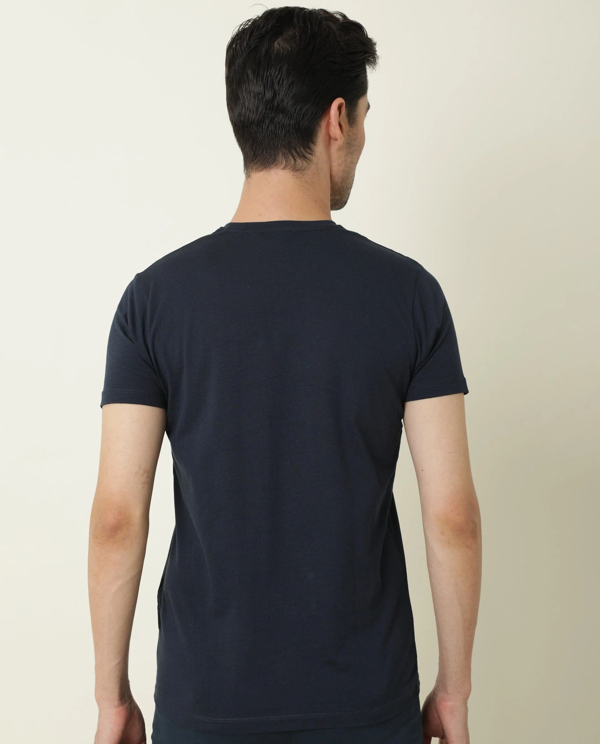 Rare Rabbit Men's Hegon Navy Cotton Graphic Print Slim Fit Half Sleeve Crew Neck T-Shirt - Image 7
