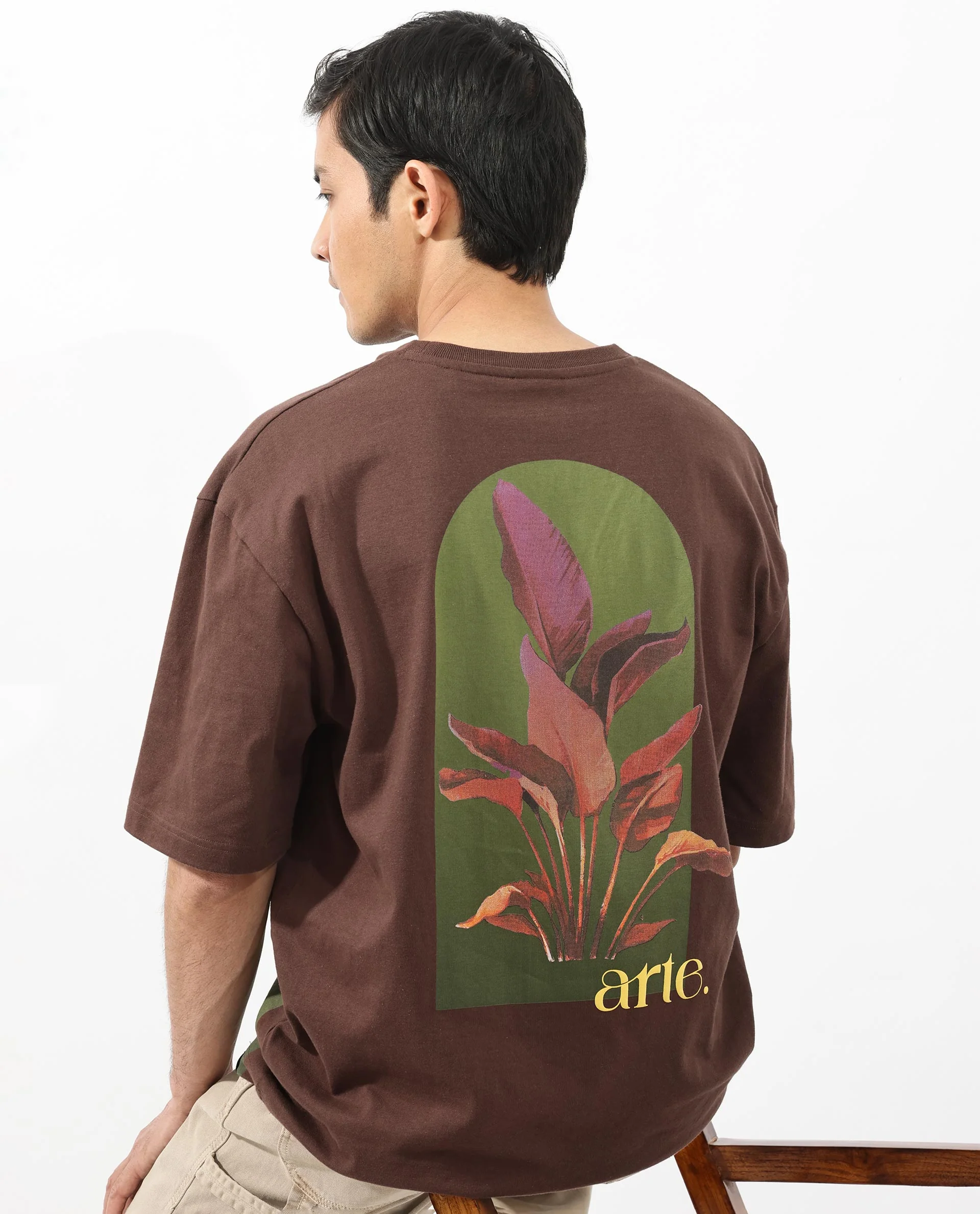 Rare Rabbit Articale Men's Heimer Brown Cotton Polyester Fabric Crew Neck Oversized Fit Knit Botanical Print T-Shirt - Image 3