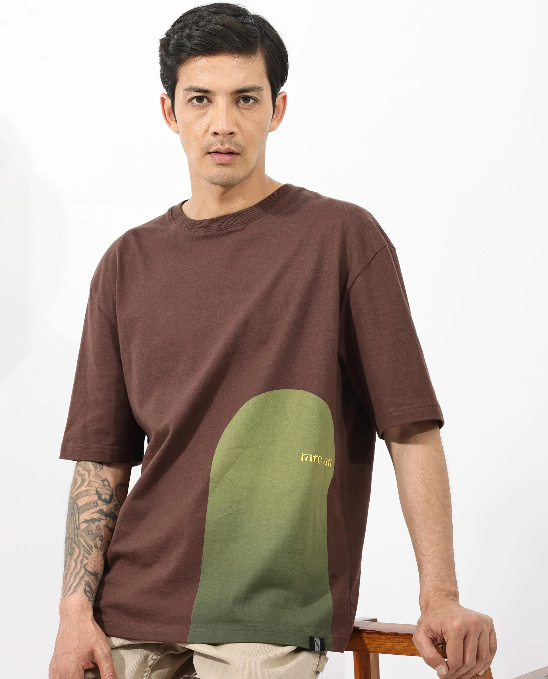 Rare Rabbit Articale Men's Heimer Brown Cotton Polyester Fabric Crew Neck Oversized Fit Knit Botanical Print T-Shirt - Image 5