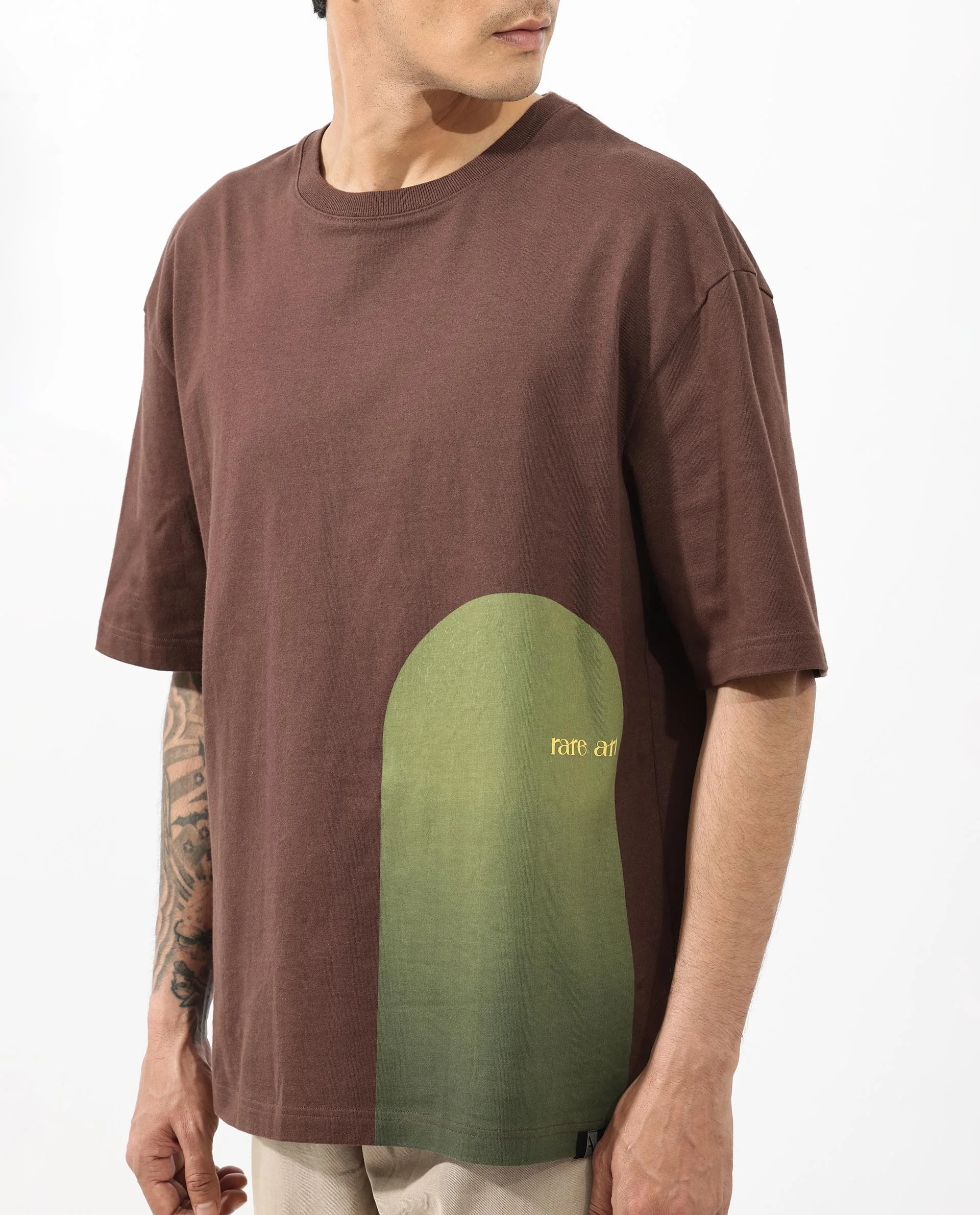 Rare Rabbit Articale Men's Heimer Brown Cotton Polyester Fabric Crew Neck Oversized Fit Knit Botanical Print T-Shirt - Image 6
