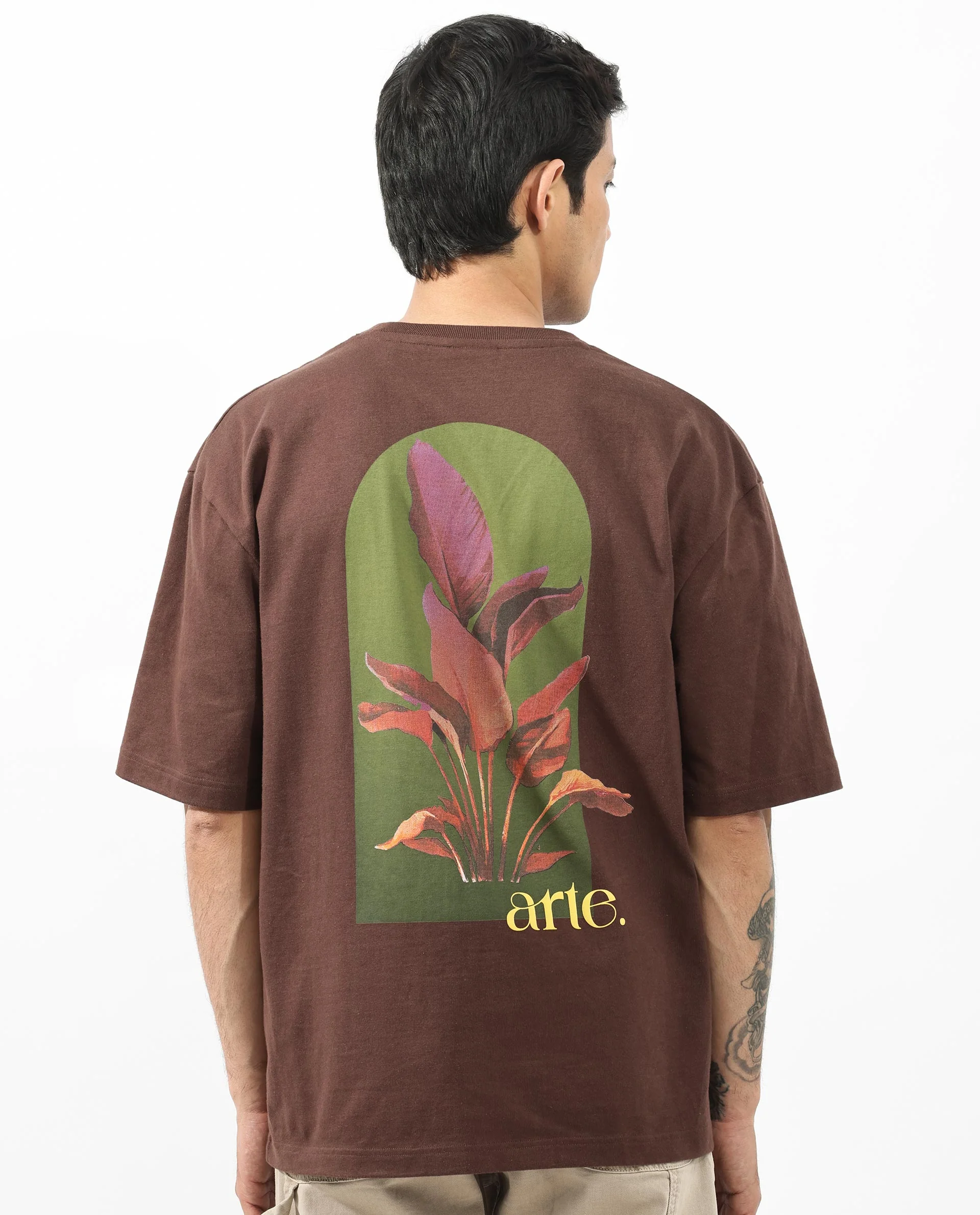 Rare Rabbit Articale Men's Heimer Brown Cotton Polyester Fabric Crew Neck Oversized Fit Knit Botanical Print T-Shirt - Image 7