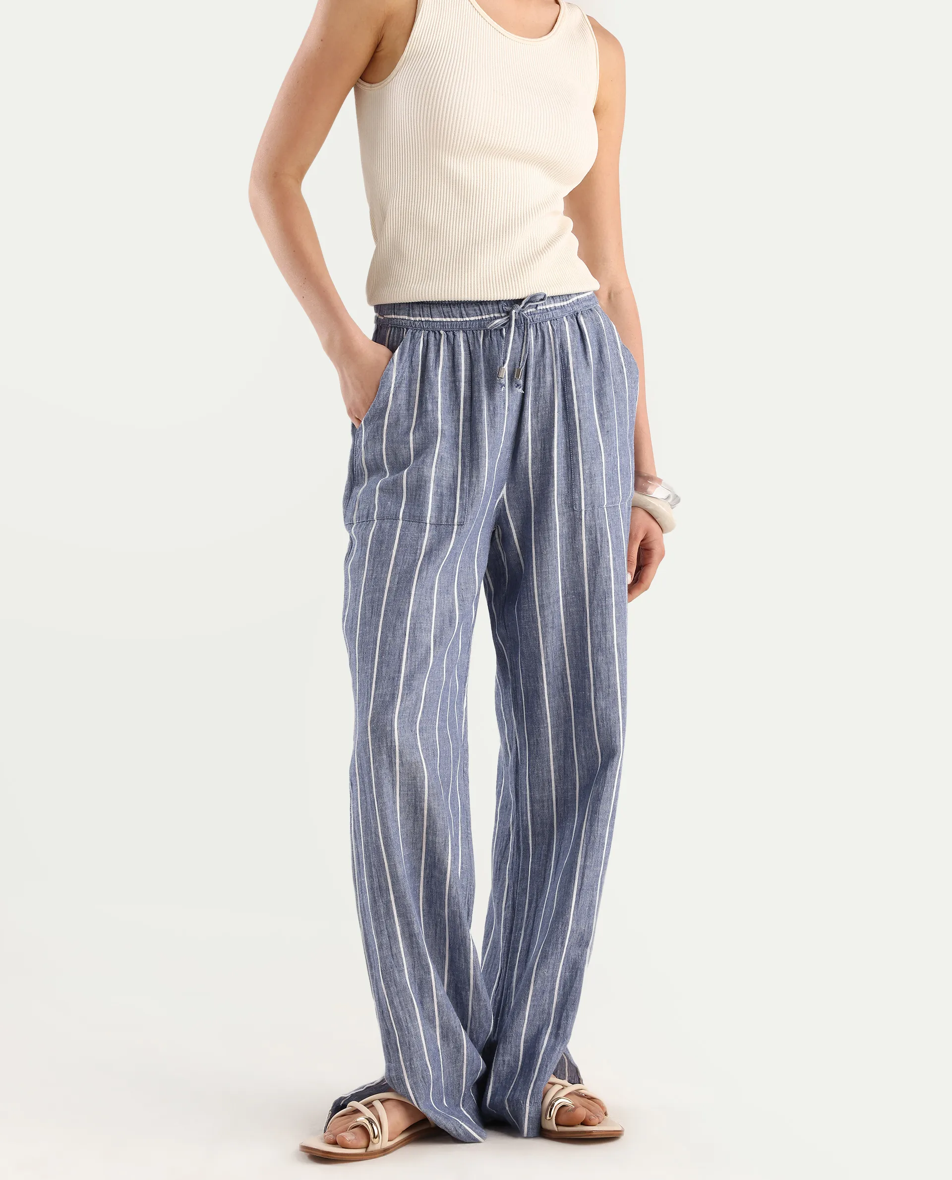 Rareism Women's Helena Blue Linen Striped Ankle Length Relaxed Fit Trouser - Image 2
