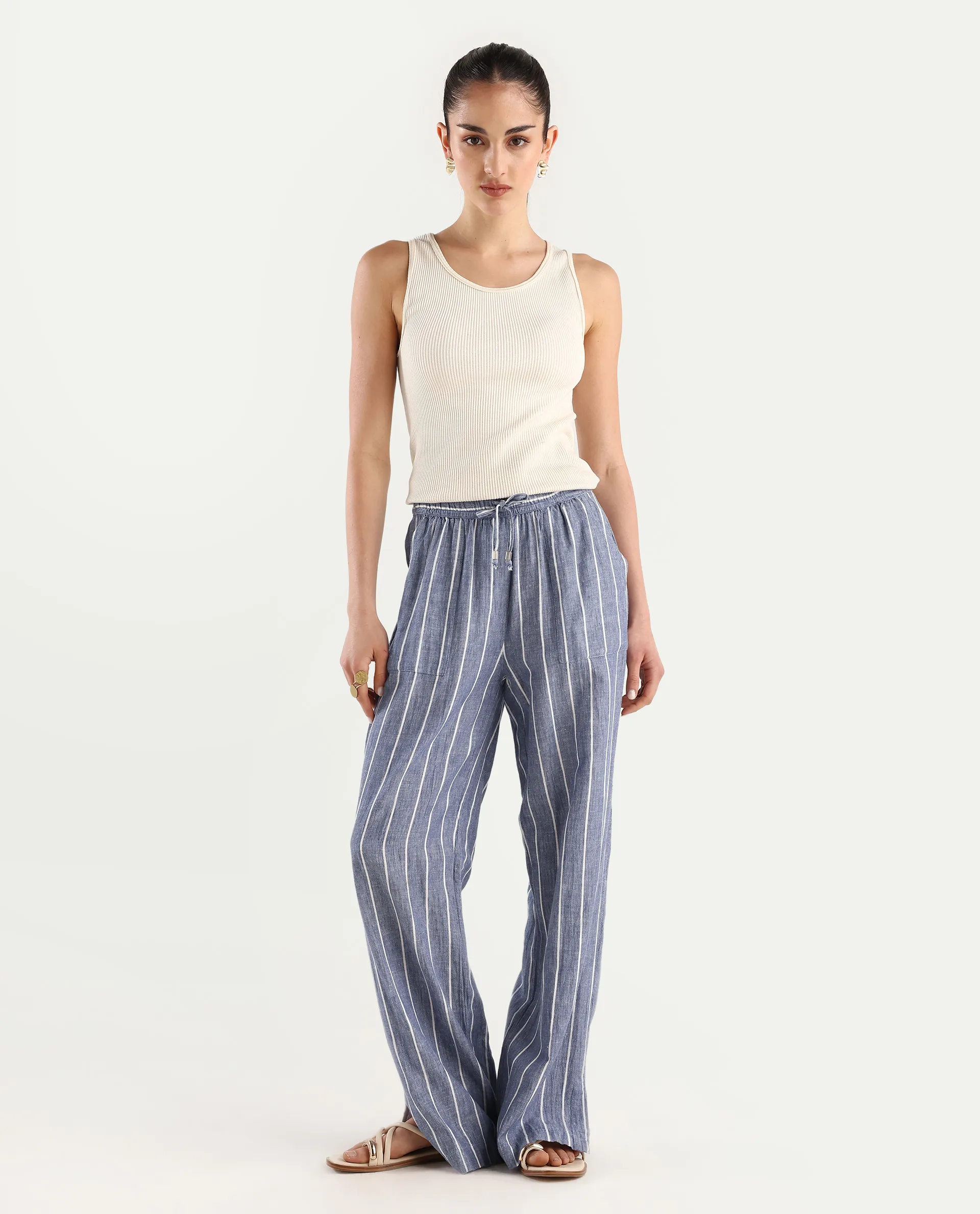 Rareism Women's Helena Blue Linen Striped Ankle Length Relaxed Fit Trouser - Image 3